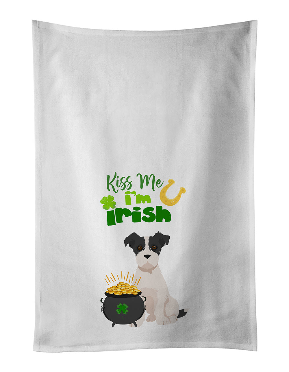 NEW Black White Wirehair Jack Russell Terrier St. Patrick's Day Kitchen Towel Set of 2 White Dish Towels Decorative Bathroom Hand towel for Hand, Face, Hair, Yoga, Tea, Dishcloth, 19 X 28", White