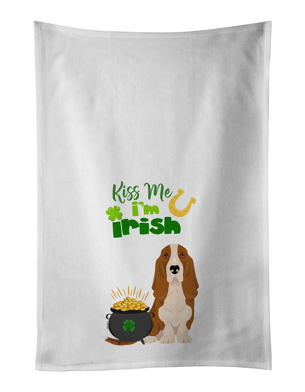 NEW Red and White Tricolor Basset Hound St. Patrick's Day Kitchen Towel Set of 2 White Dish Towels Decorative Bathroom Hand towel for Hand, Face, Hair, Yoga, Tea, Dishcloth, 19 X 28", White