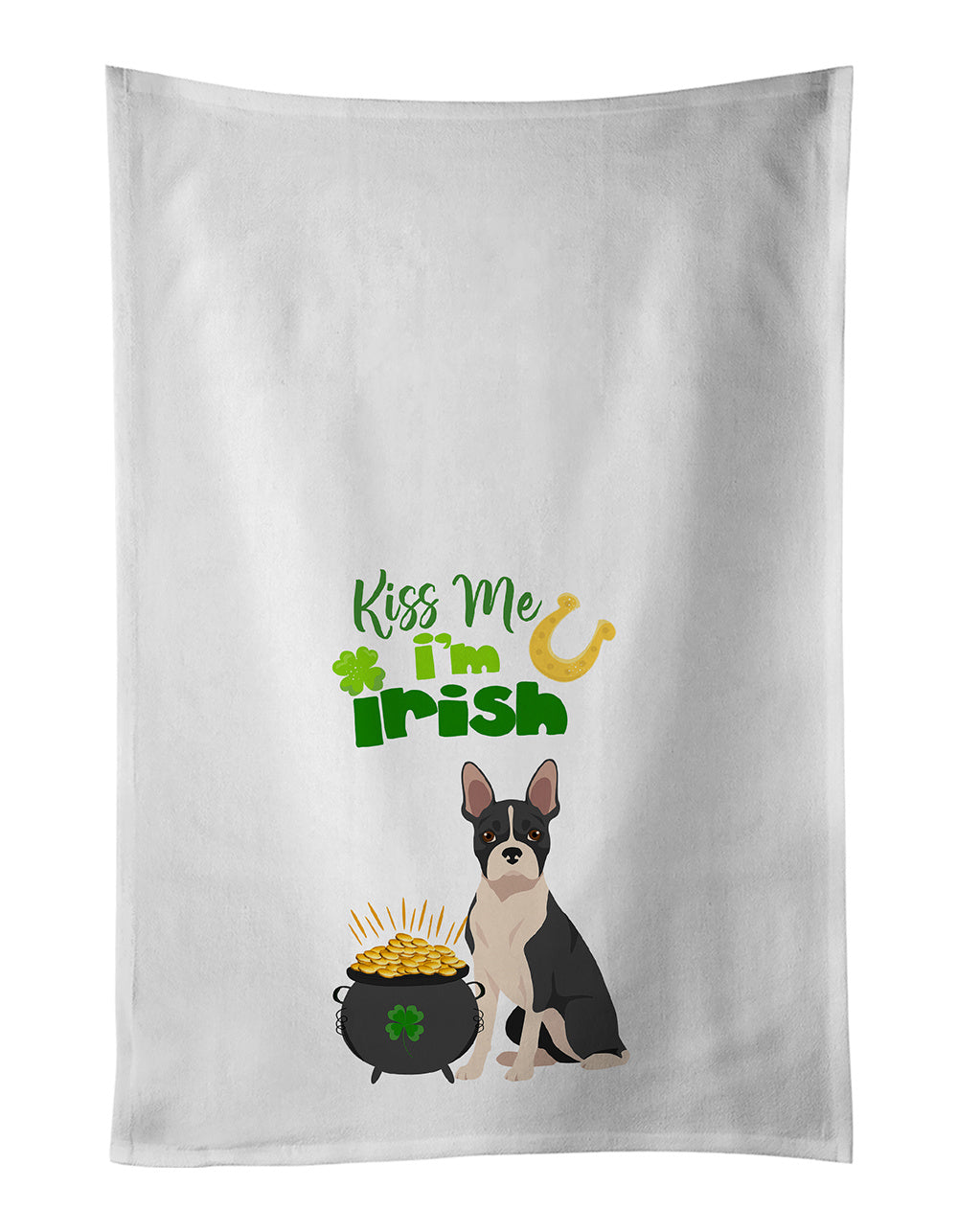 NEW Black Boston Terrier St. Patrick's Day Kitchen Towel Set of 2 White Dish Towels Decorative Bathroom Hand towel for Hand, Face, Hair, Yoga, Tea, Dishcloth, 19 X 28", White