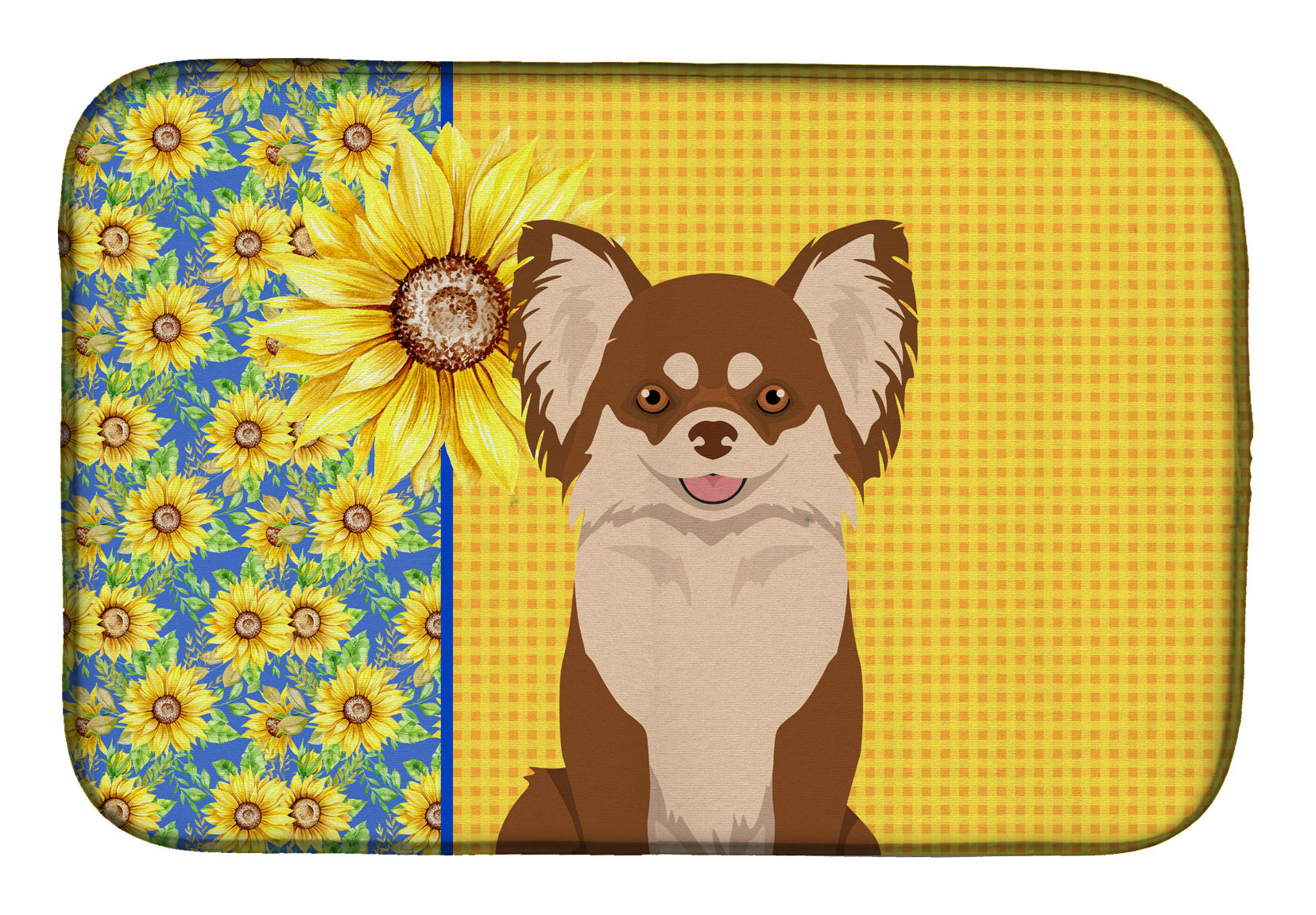 Summer Sunflowers Longhaired Chocolate and White Chihuahua Dish Drying Mat Absorbent Dish Drying Mat Pad for Kitchen Counter Dish Drainer Mat for Countertop, 14 x 21", Multicolor