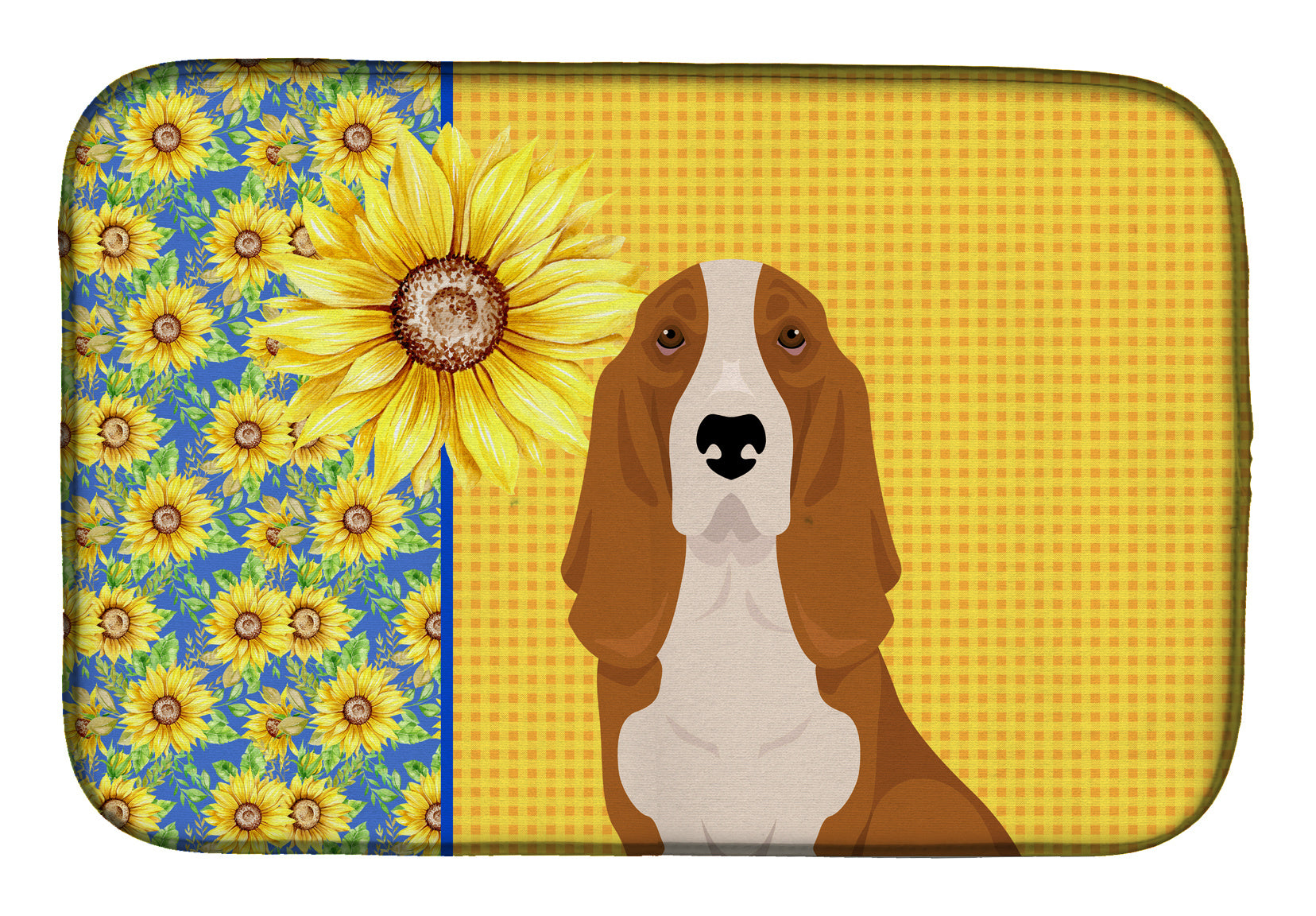 Summer Sunflowers Red and White Tricolor Basset Hound Dish Drying Mat Absorbent Dish Drying Mat Pad for Kitchen Counter Dish Drainer Mat for Countertop, 14 x 21", Multicolor