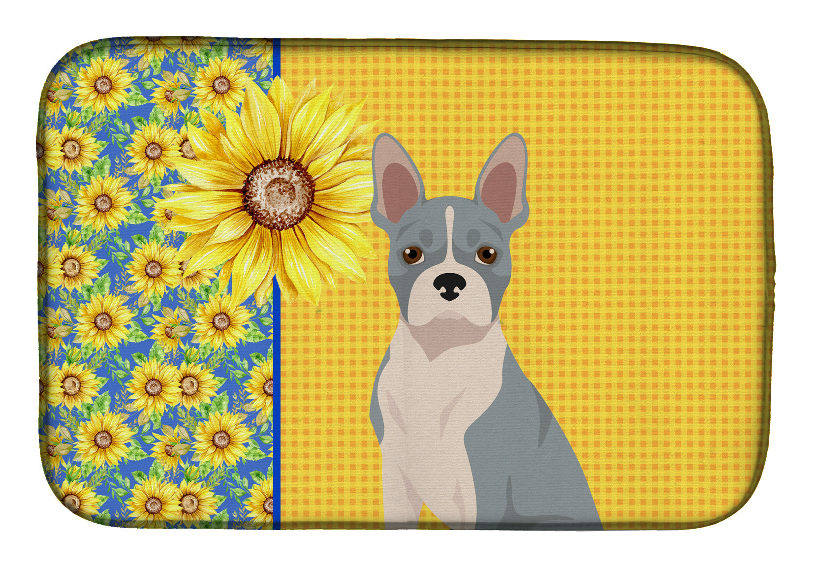 Summer Sunflowers Blue Boston Terrier Dish Drying Mat Absorbent Dish Drying Mat Pad for Kitchen Counter Dish Drainer Mat for Countertop, 14 x 21", Multicolor