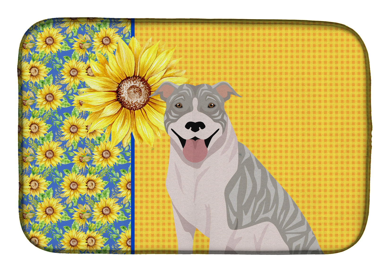 NEW Summer Sunflowers Blue Brindle Pit Bull Terrier Dish Drying Mat Absorbent Dish Drying Mat Pad for Kitchen Counter Dish Drainer Mat for Countertop, 14 x 21", Multicolor