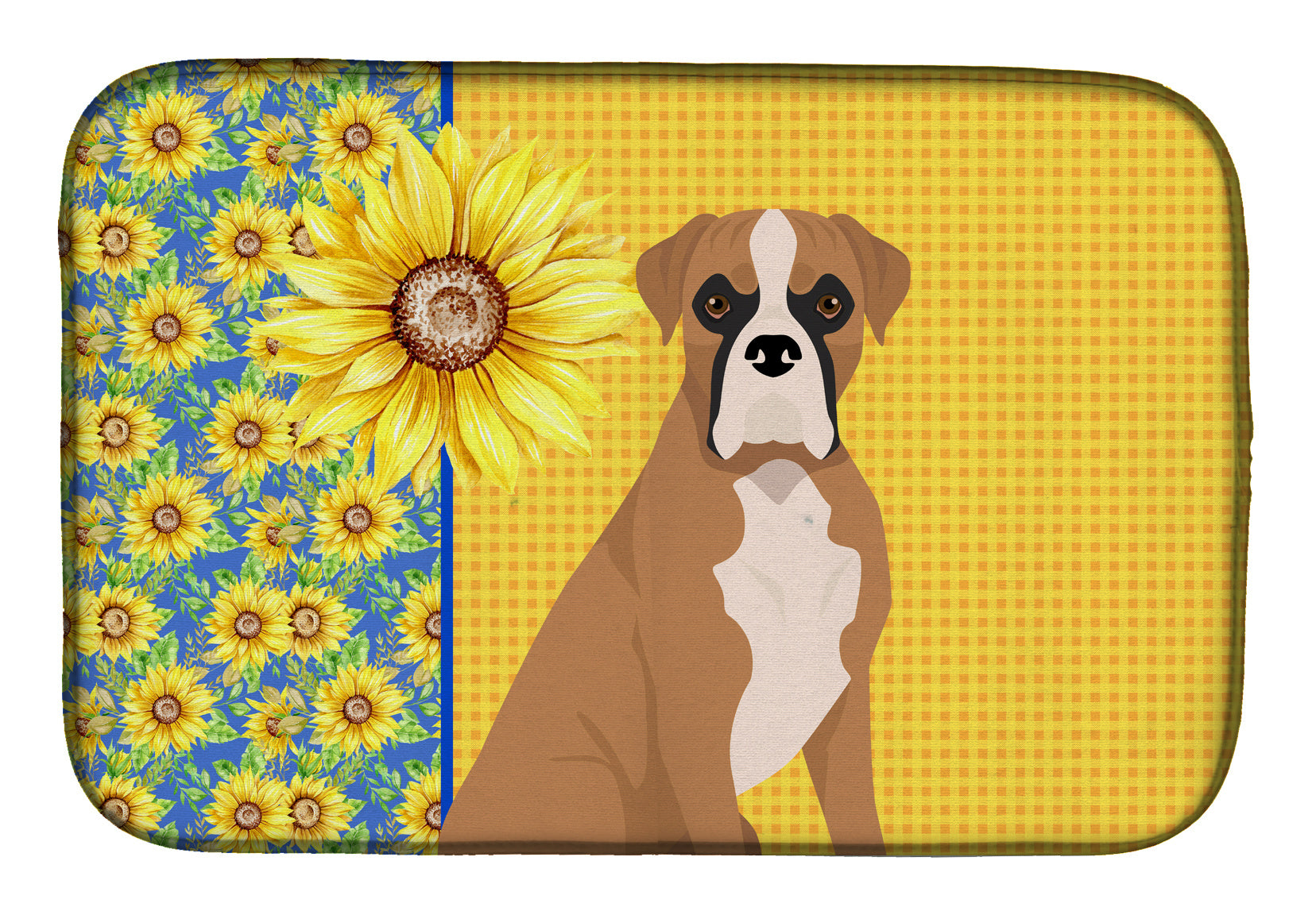 Summer Sunflowers Natural Eared Fawn Boxer Dish Drying Mat Absorbent Dish Drying Mat Pad for Kitchen Counter Dish Drainer Mat for Countertop, 14 x 21", Multicolor