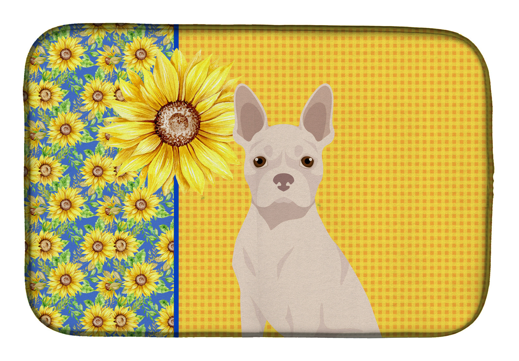 Summer Sunflowers White Boston Terrier Dish Drying Mat Absorbent Dish Drying Mat Pad for Kitchen Counter Dish Drainer Mat for Countertop, 14 x 21", Multicolor