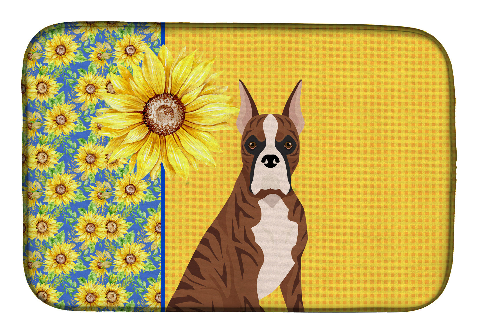 Summer Sunflowers Red Brindle Boxer Dish Drying Mat Absorbent Dish Drying Mat Pad for Kitchen Counter Dish Drainer Mat for Countertop, 14 x 21", Multicolor