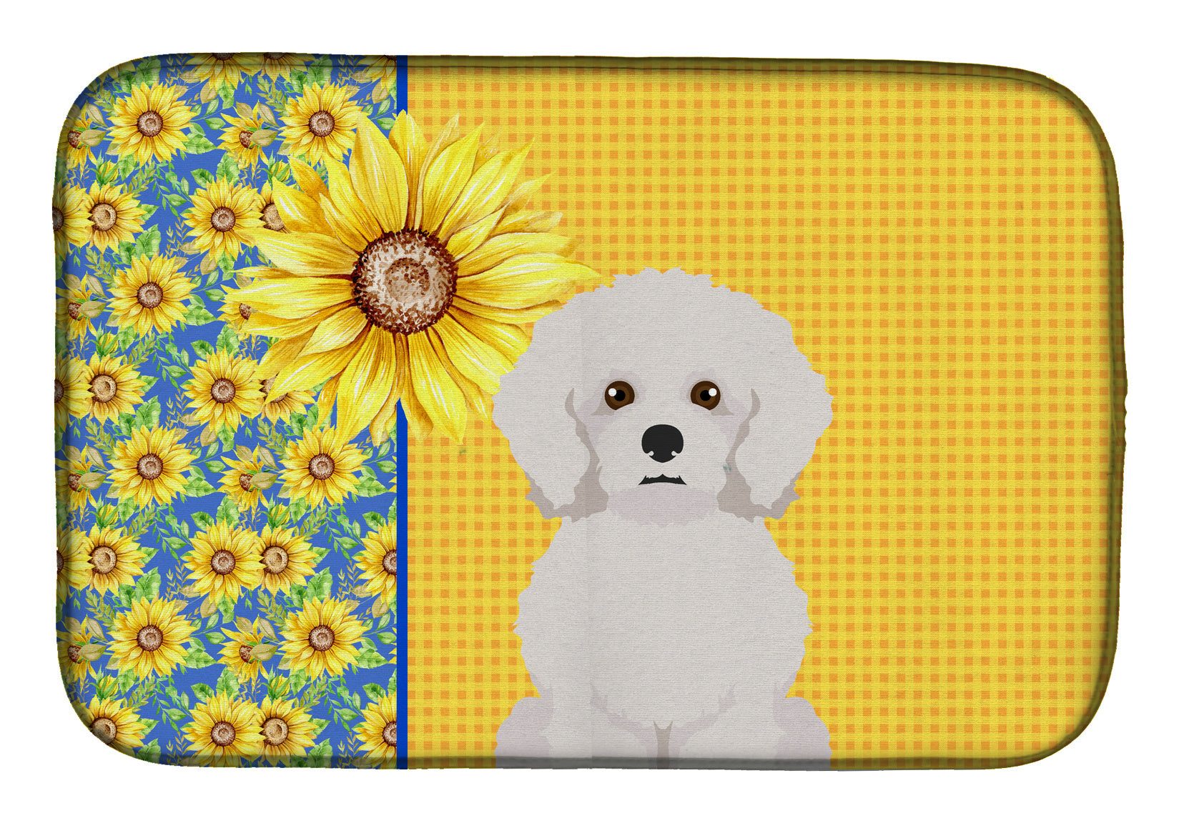 Summer Sunflowers Bichon Frise Dish Drying Mat Absorbent Dish Drying Mat Pad for Kitchen Counter Dish Drainer Mat for Countertop, 14 x 21", Multicolor