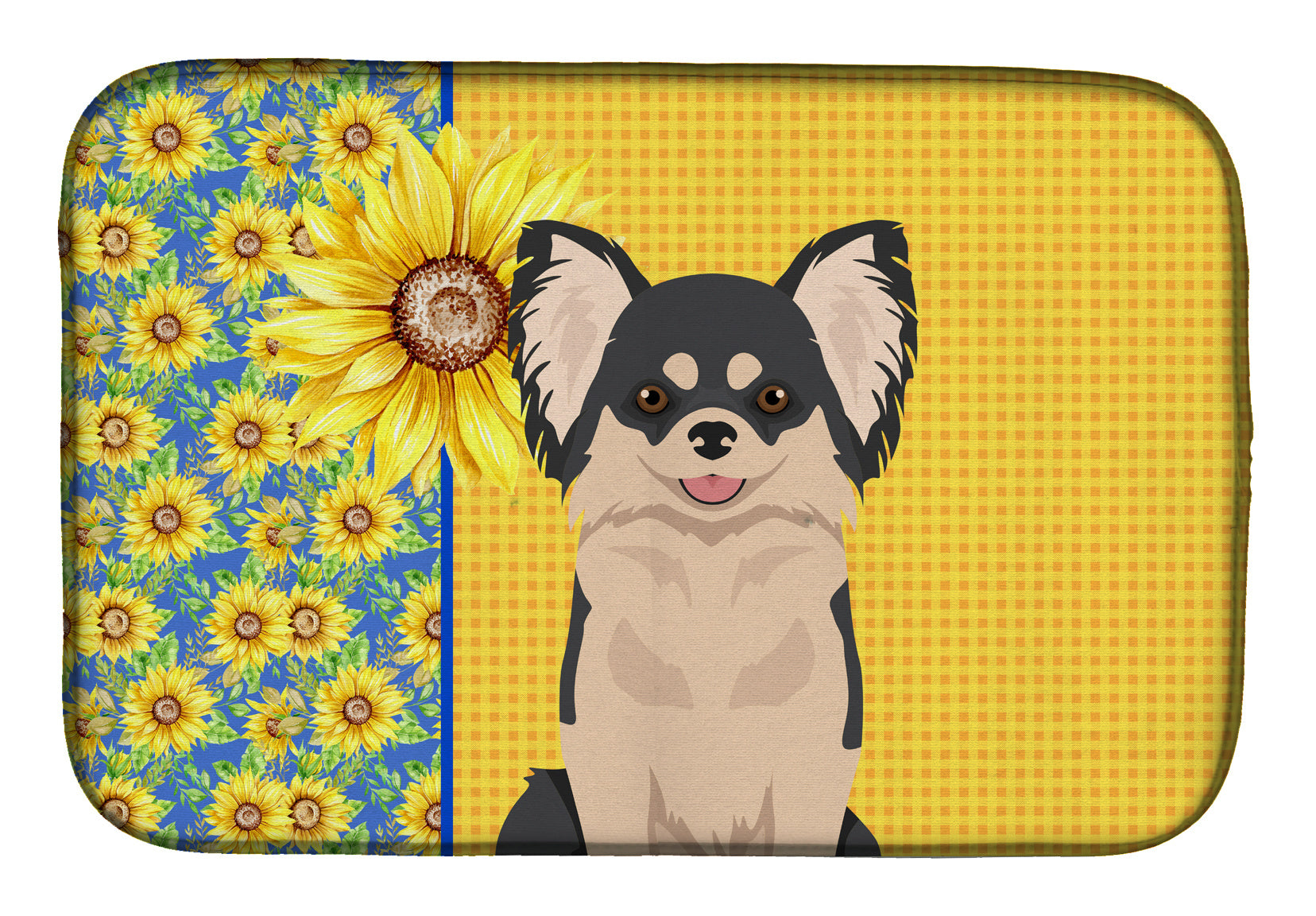 Summer Sunflowers Longhaired Black and White Chihuahua Dish Drying Mat Absorbent Dish Drying Mat Pad for Kitchen Counter Dish Drainer Mat for Countertop, 14 x 21", Multicolor