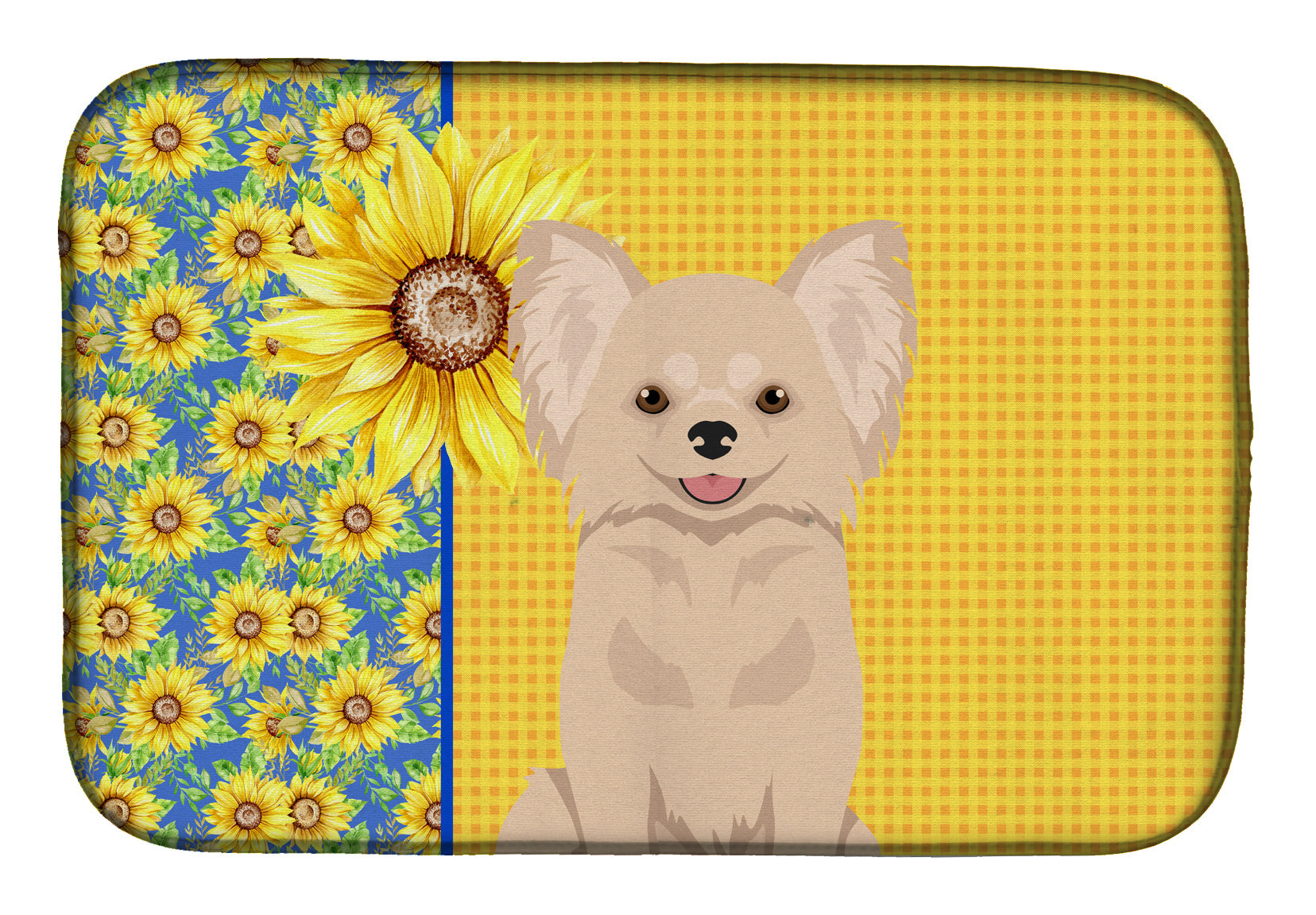 Summer Sunflowers Longhaired Cream Chihuahua Dish Drying Mat Absorbent Dish Drying Mat Pad for Kitchen Counter Dish Drainer Mat for Countertop, 14 x 21", Multicolor