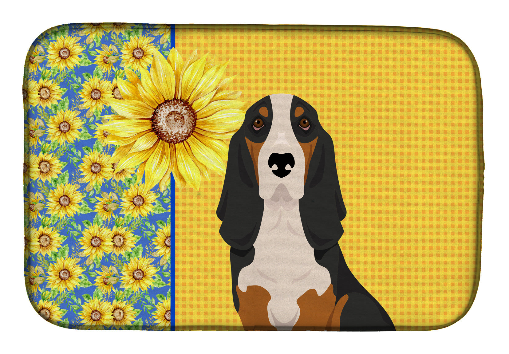 Summer Sunflowers Black Tricolor Basset Hound Dish Drying Mat Absorbent Dish Drying Mat Pad for Kitchen Counter Dish Drainer Mat for Countertop, 14 x 21", Multicolor