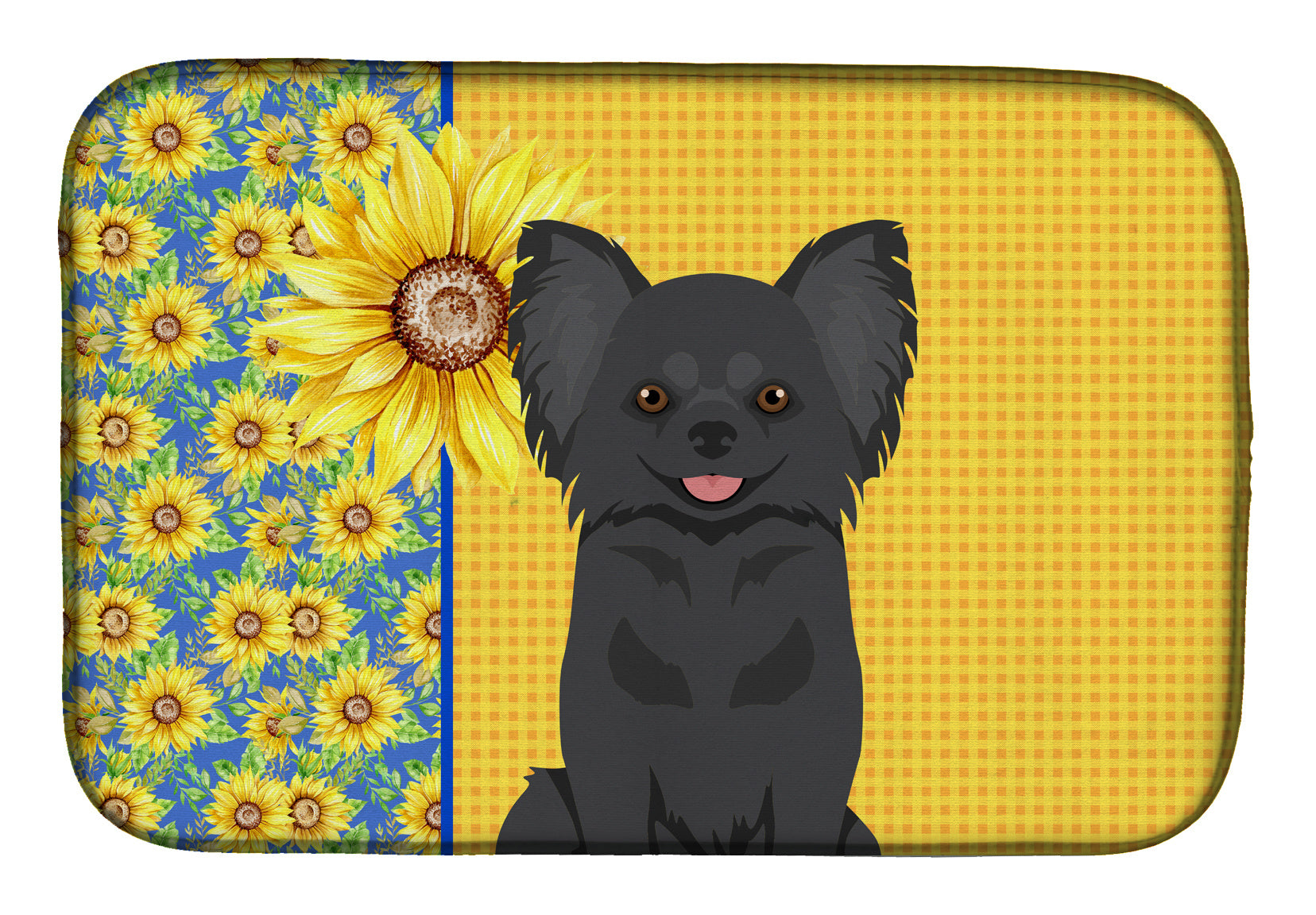 Summer Sunflowers Longhaired Black Chihuahua Dish Drying Mat Absorbent Dish Drying Mat Pad for Kitchen Counter Dish Drainer Mat for Countertop, 14 x 21", Multicolor