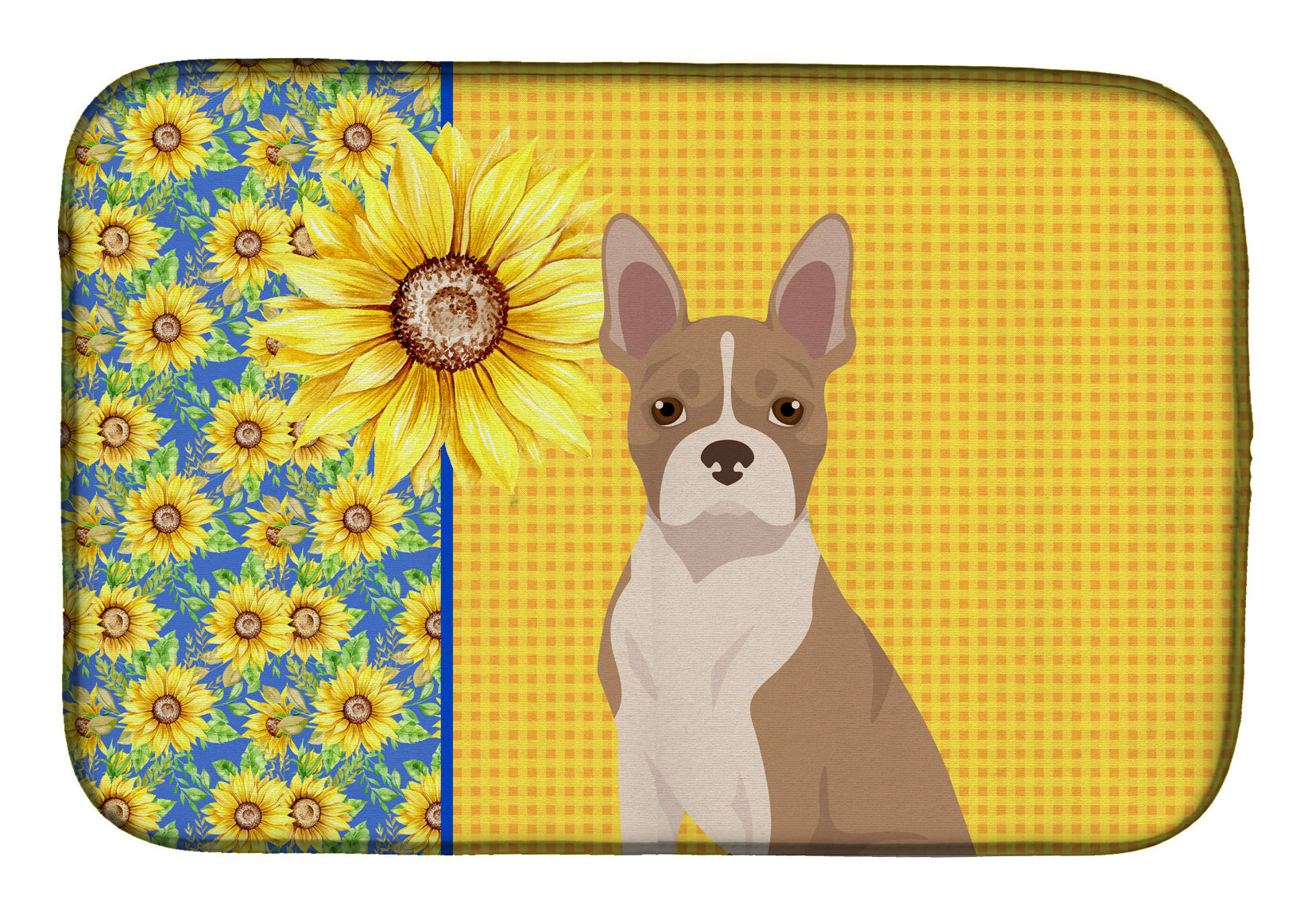 Summer Sunflowers Fawn Boston Terrier Dish Drying Mat Absorbent Dish Drying Mat Pad for Kitchen Counter Dish Drainer Mat for Countertop, 14 x 21", Multicolor