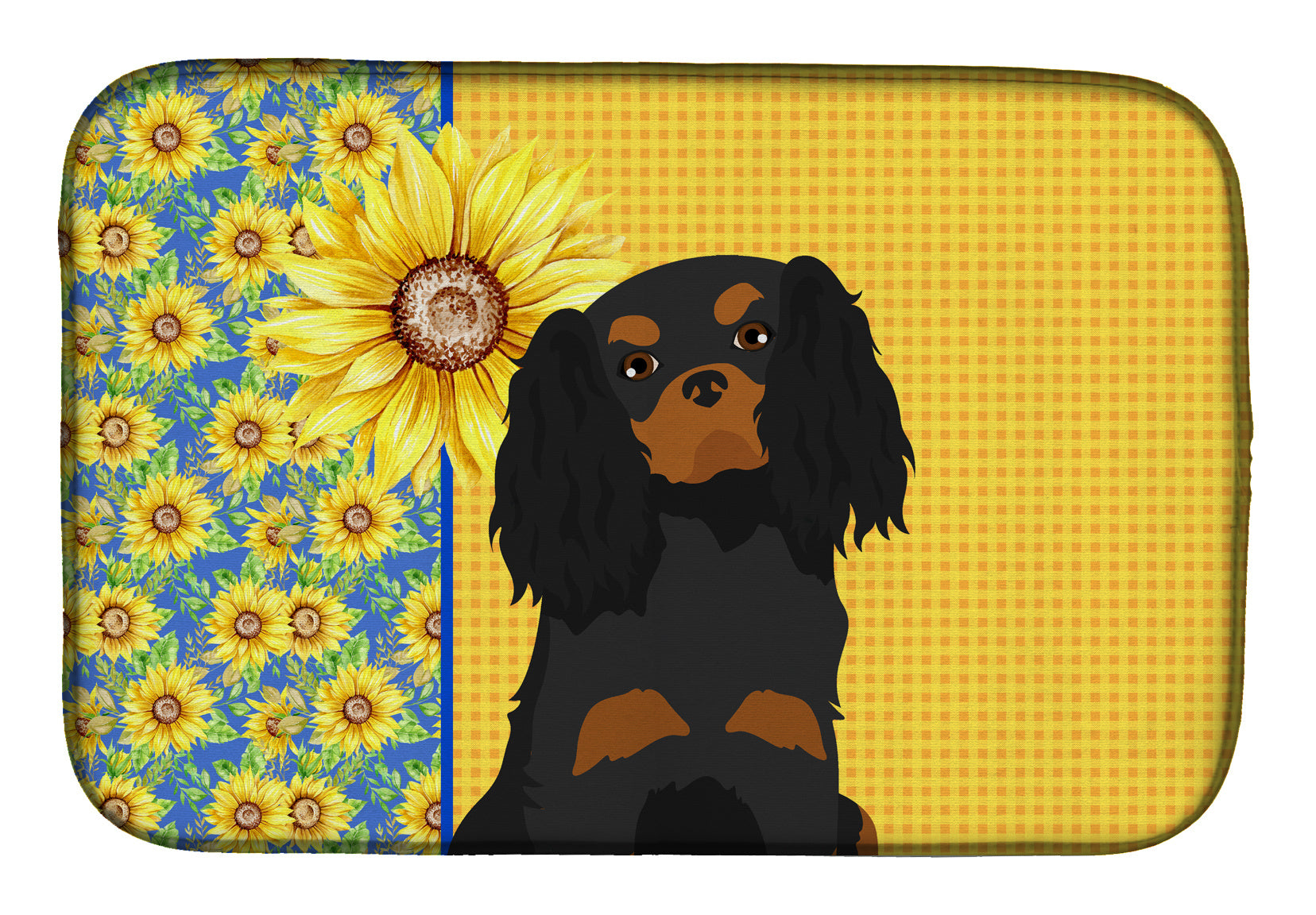 Summer Sunflowers Black and Tan Cavalier Spaniel Dish Drying Mat Absorbent Dish Drying Mat Pad for Kitchen Counter Dish Drainer Mat for Countertop, 14 x 21", Multicolor