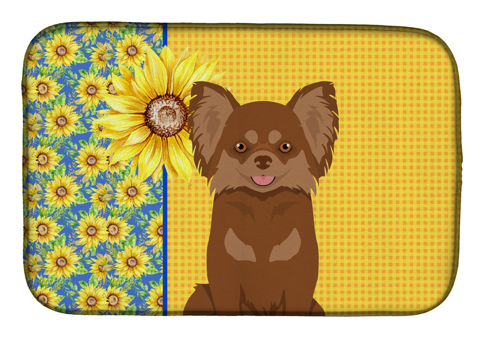 Summer Sunflowers Longhaired Chocolate and Tan Chihuahua Dish Drying Mat Absorbent Dish Drying Mat Pad for Kitchen Counter Dish Drainer Mat for Countertop, 14 x 21", Multicolor