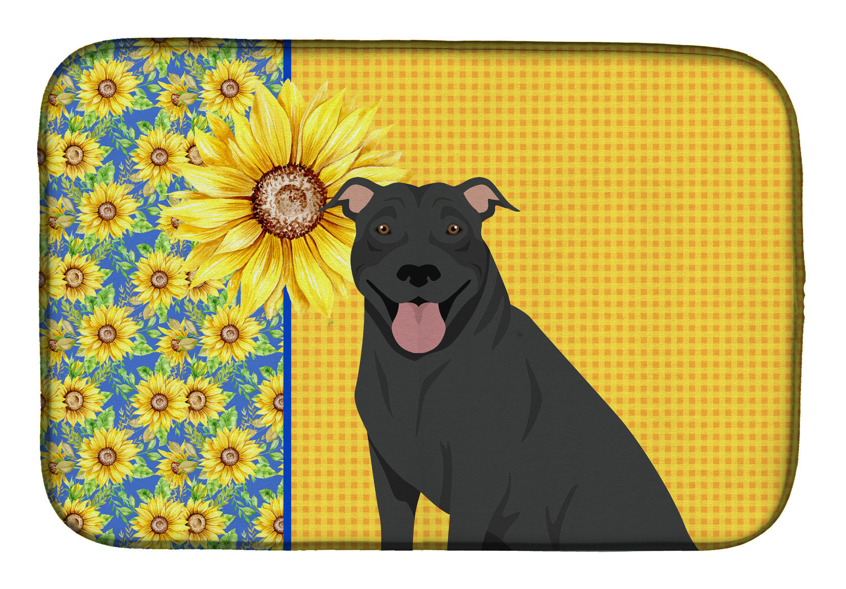 NEW Summer Sunflowers Black Pit Bull Terrier Dish Drying Mat Absorbent Dish Drying Mat Pad for Kitchen Counter Dish Drainer Mat for Countertop, 14 x 21", Multicolor