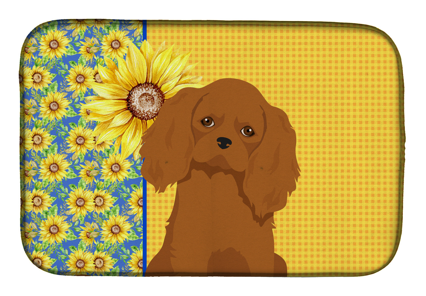 Summer Sunflowers Ruby Cavalier Spaniel Dish Drying Mat Absorbent Dish Drying Mat Pad for Kitchen Counter Dish Drainer Mat for Countertop, 14 x 21", Multicolor