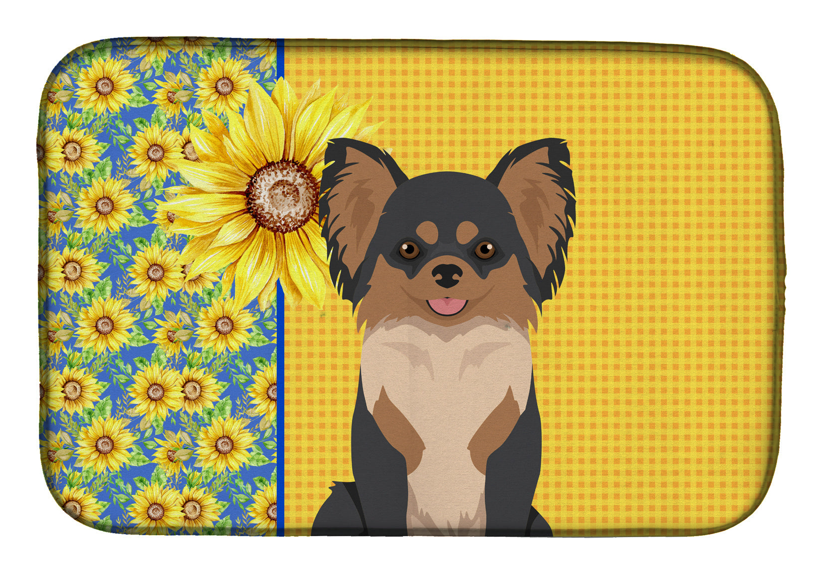 Summer Sunflowers Longhaired Black and Tan Chihuahua Dish Drying Mat Absorbent Dish Drying Mat Pad for Kitchen Counter Dish Drainer Mat for Countertop, 14 x 21", Multicolor