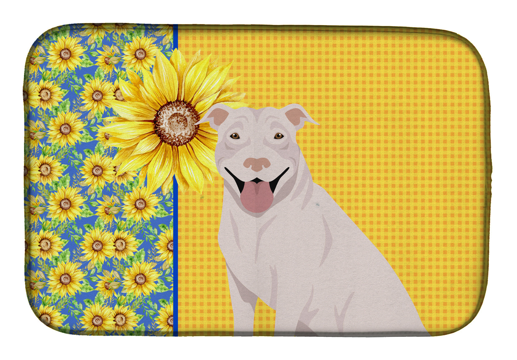 NEW Summer Sunflowers White Pit Bull Terrier Dish Drying Mat Absorbent Dish Drying Mat Pad for Kitchen Counter Dish Drainer Mat for Countertop, 14 x 21", Multicolor