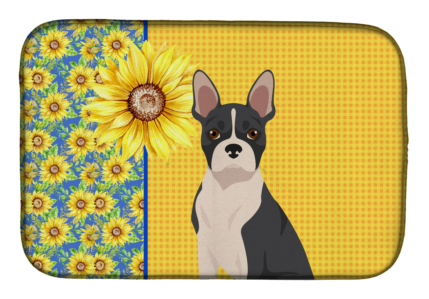 Summer Sunflowers Black Boston Terrier Dish Drying Mat Absorbent Dish Drying Mat Pad for Kitchen Counter Dish Drainer Mat for Countertop, 14 x 21", Multicolor