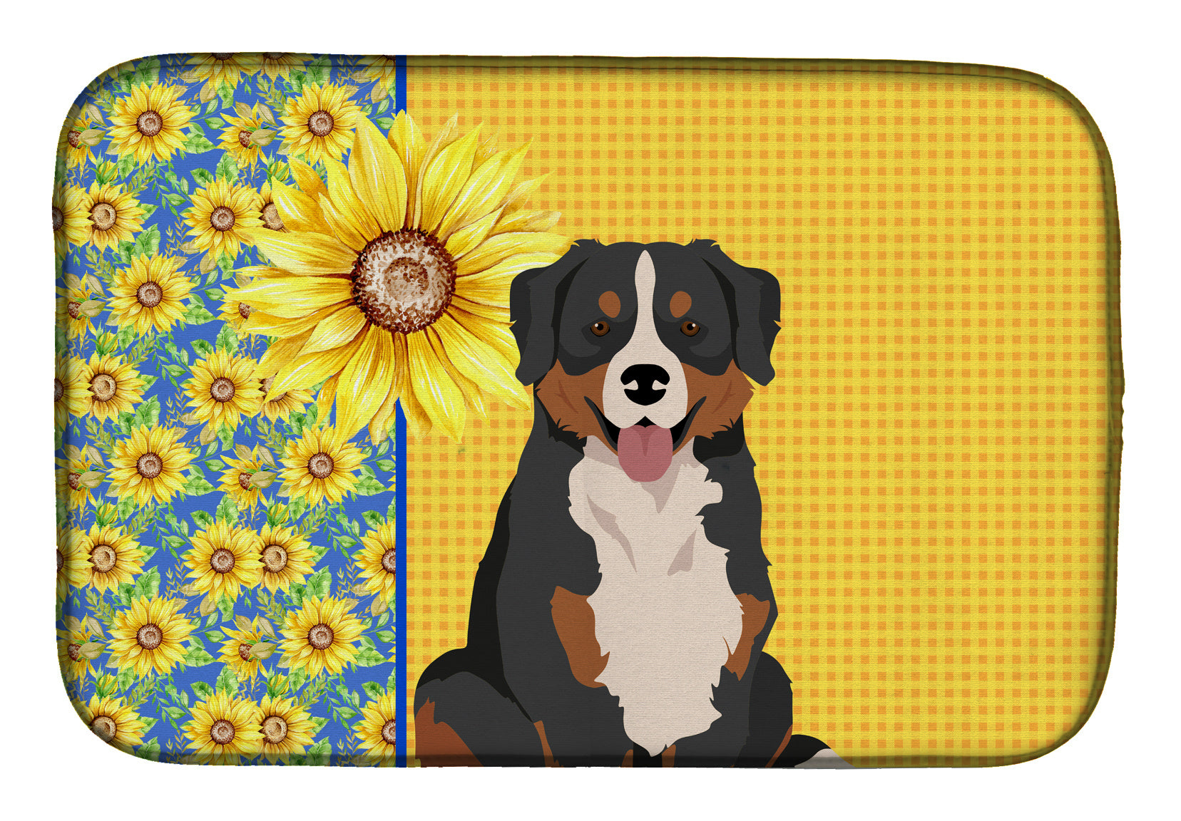 Summer Sunflowers Bernese Mountain Dog Dish Drying Mat Absorbent Dish Drying Mat Pad for Kitchen Counter Dish Drainer Mat for Countertop, 14 x 21", Multicolor