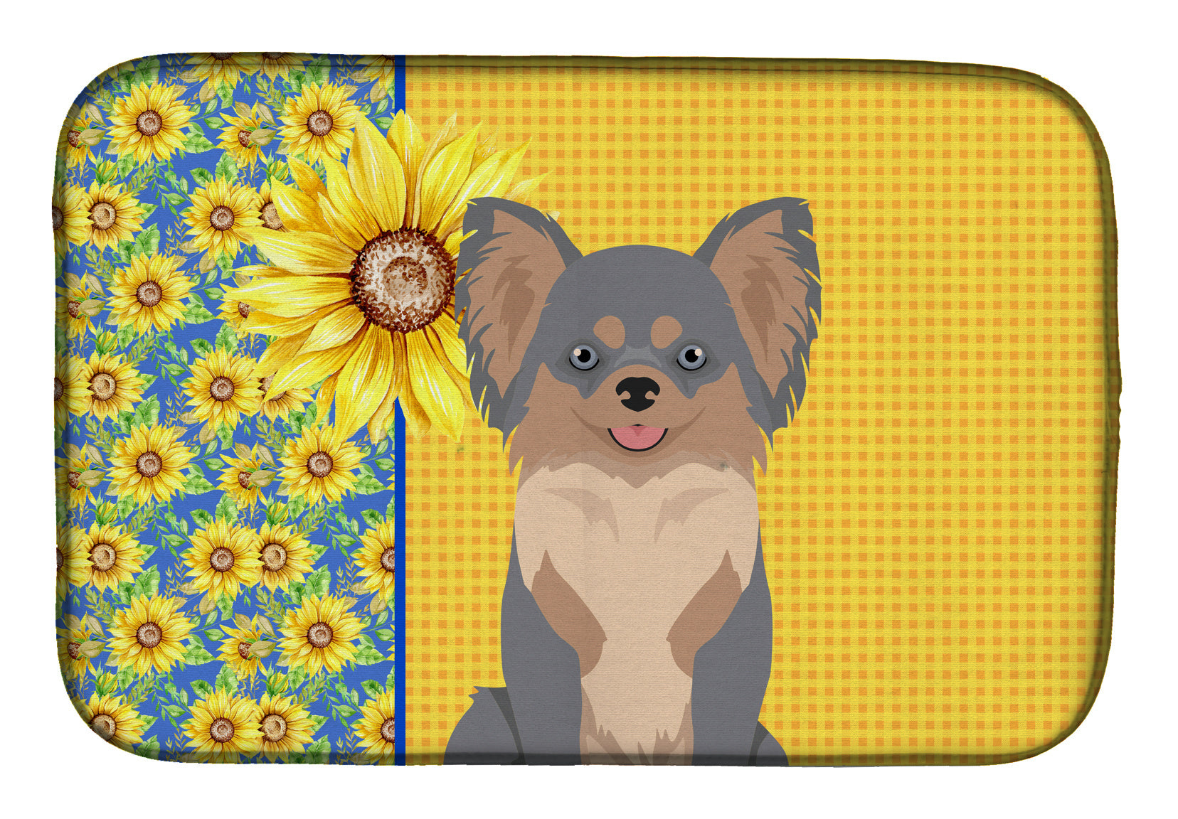 Summer Sunflowers Longhaired Blue and Tan Chihuahua Dish Drying Mat Absorbent Dish Drying Mat Pad for Kitchen Counter Dish Drainer Mat for Countertop, 14 x 21", Multicolor