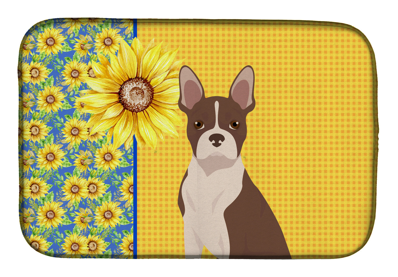 Summer Sunflowers Red Boston Terrier Dish Drying Mat Absorbent Dish Drying Mat Pad for Kitchen Counter Dish Drainer Mat for Countertop, 14 x 21", Multicolor