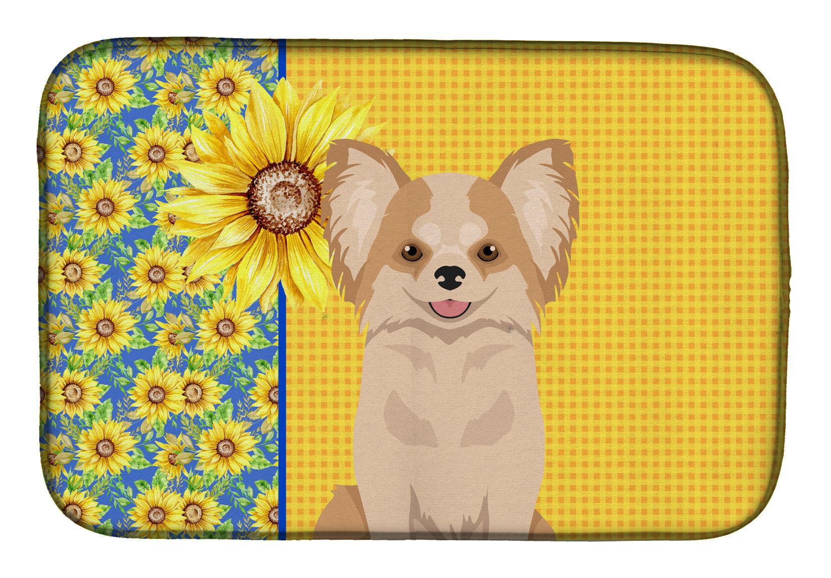 Summer Sunflowers Longhaired Gold and White Chihuahua Dish Drying Mat Absorbent Dish Drying Mat Pad for Kitchen Counter Dish Drainer Mat for Countertop, 14 x 21", Multicolor