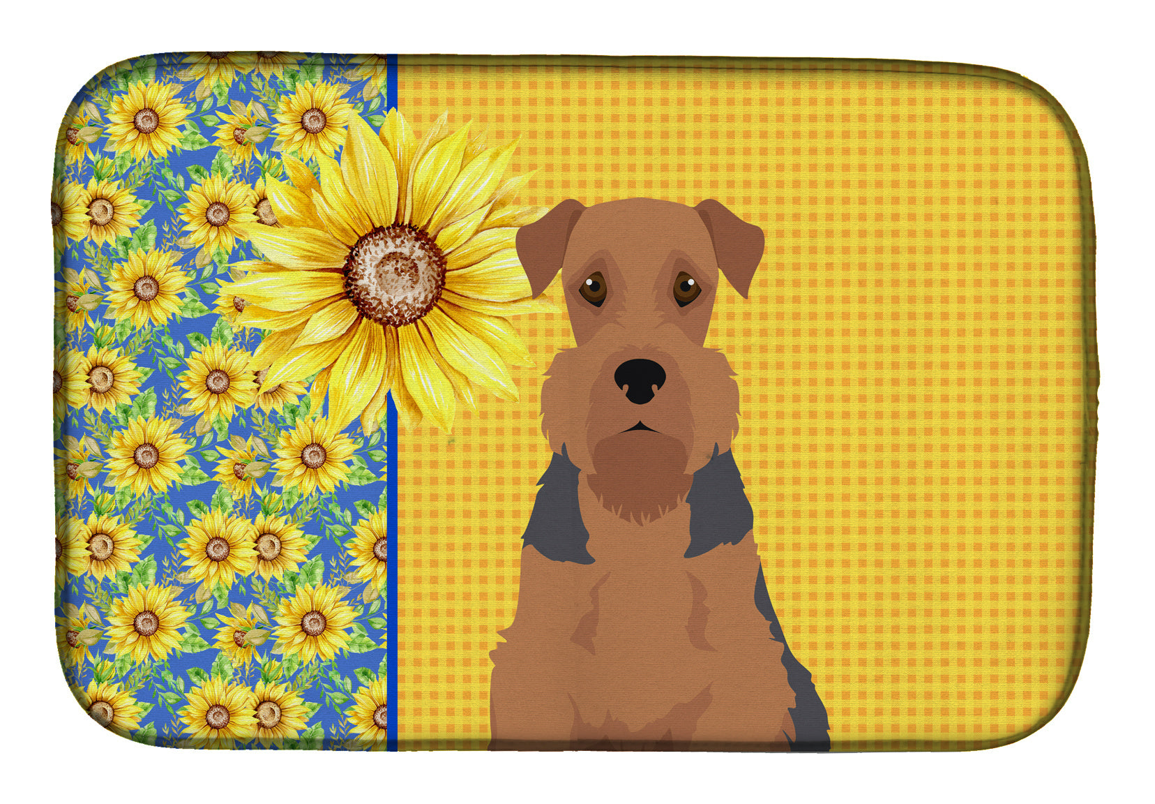 Summer Sunflowers Grizzle and Tan Airedale Terrier Dish Drying Mat Absorbent Dish Drying Mat Pad for Kitchen Counter Dish Drainer Mat for Countertop, 14 x 21", Multicolor