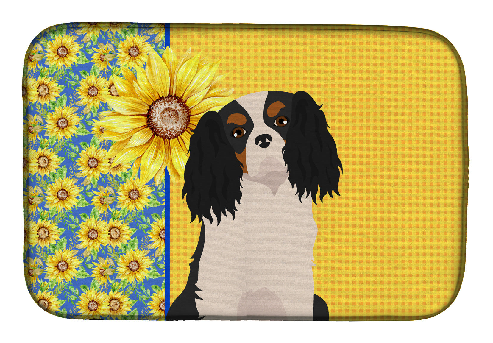 Summer Sunflowers Tricolor Cavalier Spaniel Dish Drying Mat Absorbent Dish Drying Mat Pad for Kitchen Counter Dish Drainer Mat for Countertop, 14 x 21", Multicolor