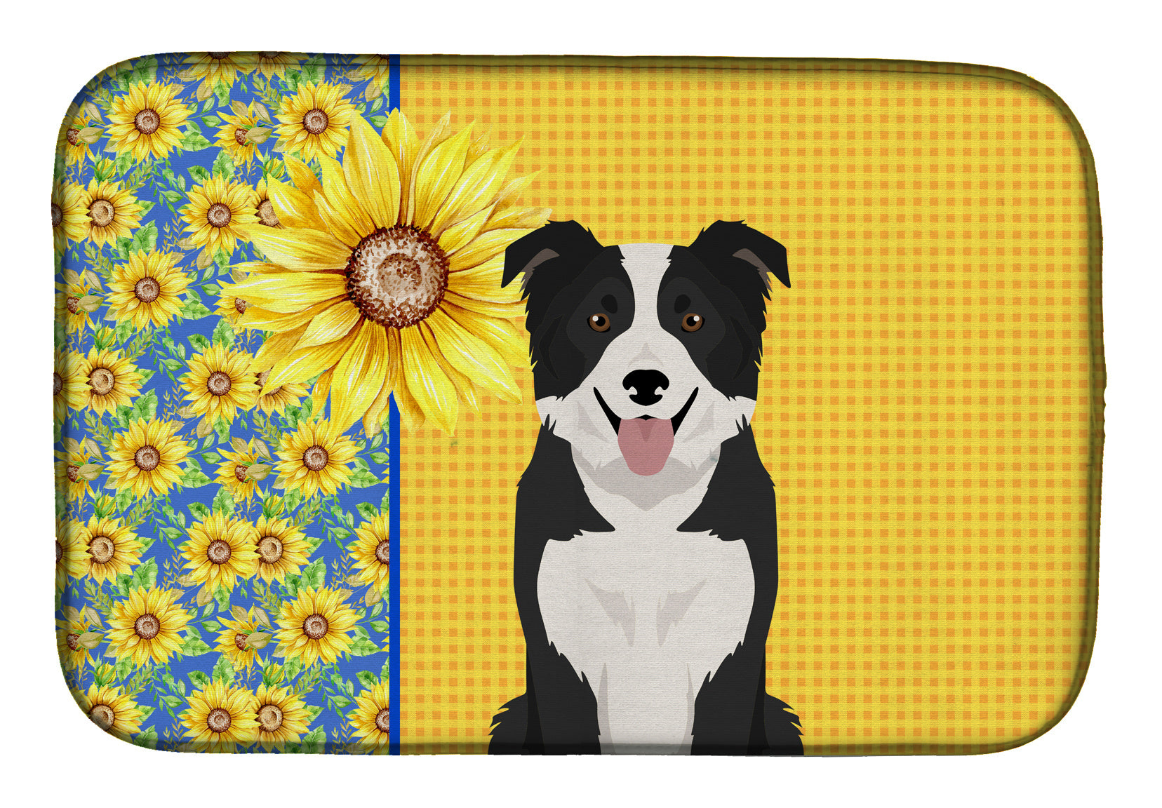 Summer Sunflowers Black and White Border Collie Dish Drying Mat Absorbent Dish Drying Mat Pad for Kitchen Counter Dish Drainer Mat for Countertop, 14 x 21", Multicolor