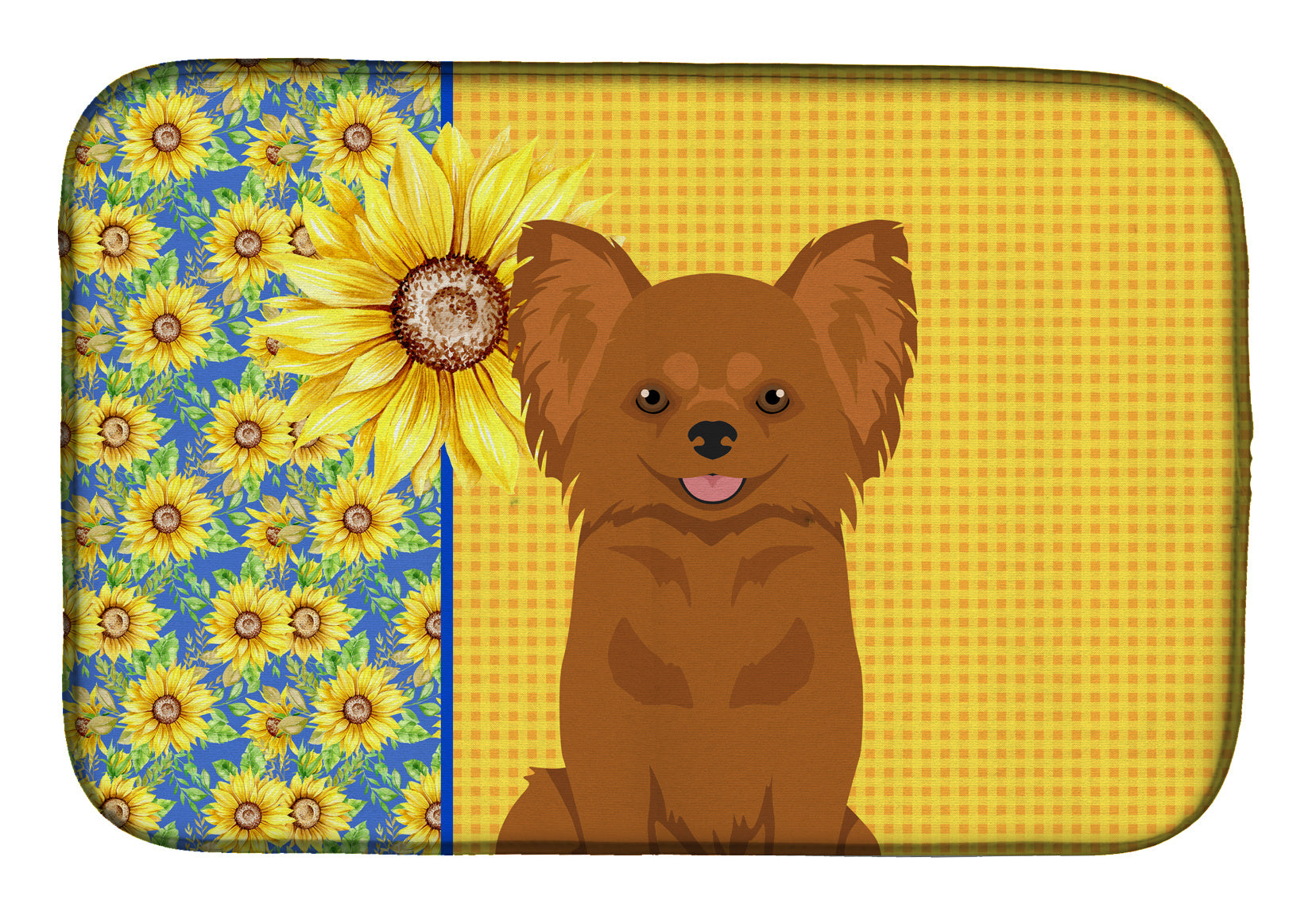 Summer Sunflowers Longhaired Red Chihuahua Dish Drying Mat Absorbent Dish Drying Mat Pad for Kitchen Counter Dish Drainer Mat for Countertop, 14 x 21", Multicolor