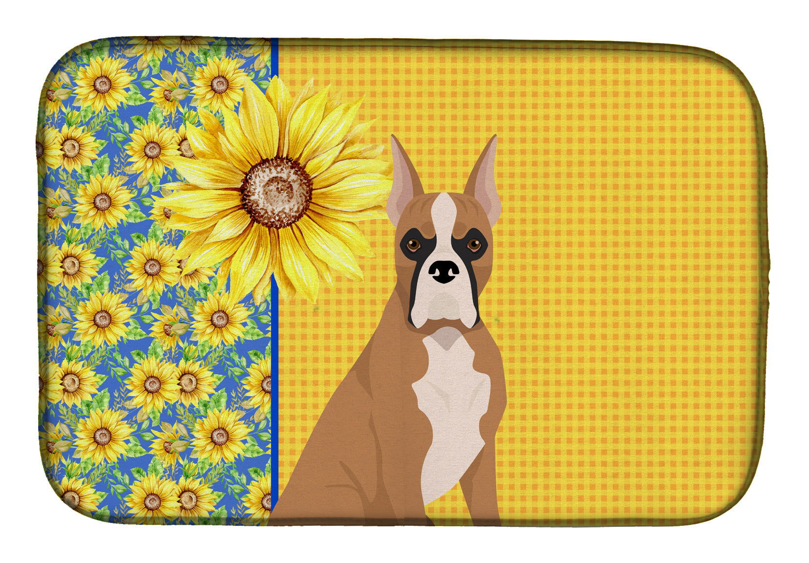 Summer Sunflowers Fawn Boxer Dish Drying Mat Absorbent Dish Drying Mat Pad for Kitchen Counter Dish Drainer Mat for Countertop, 14 x 21", Multicolor