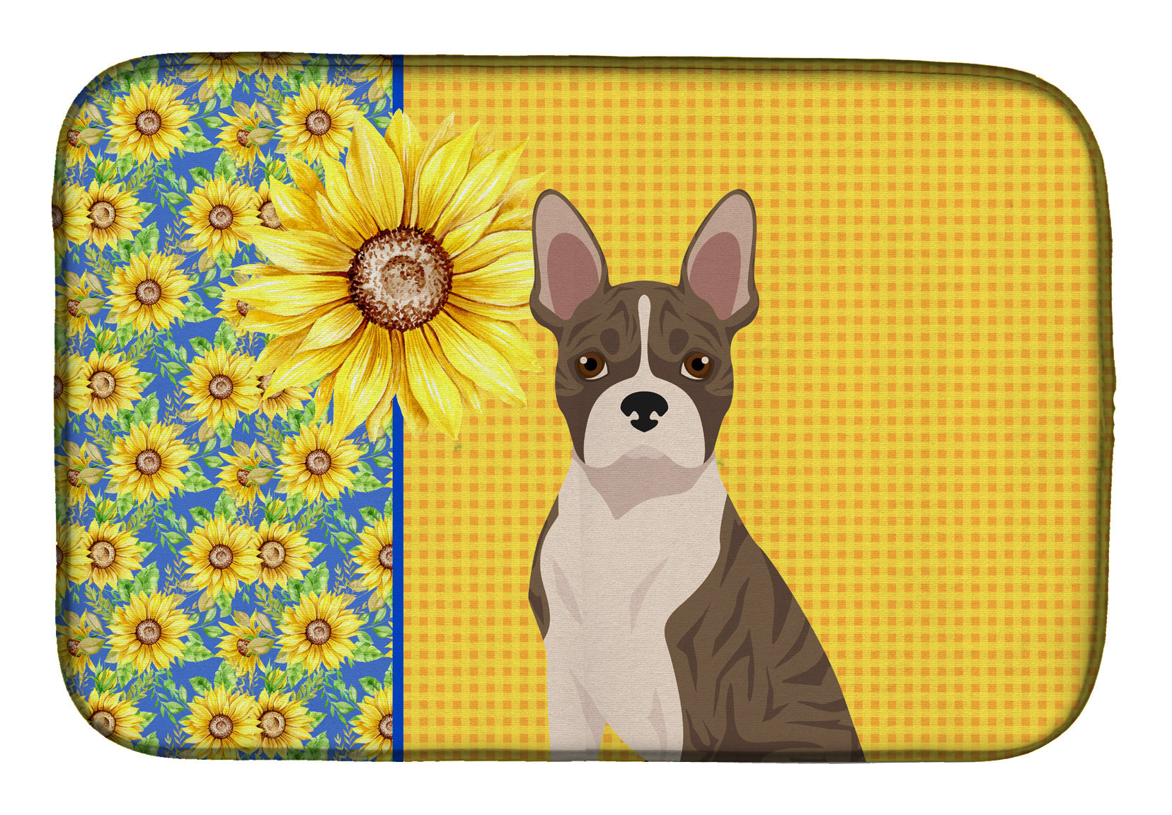 Summer Sunflowers Brindle Boston Terrier Dish Drying Mat Absorbent Dish Drying Mat Pad for Kitchen Counter Dish Drainer Mat for Countertop, 14 x 21", Multicolor