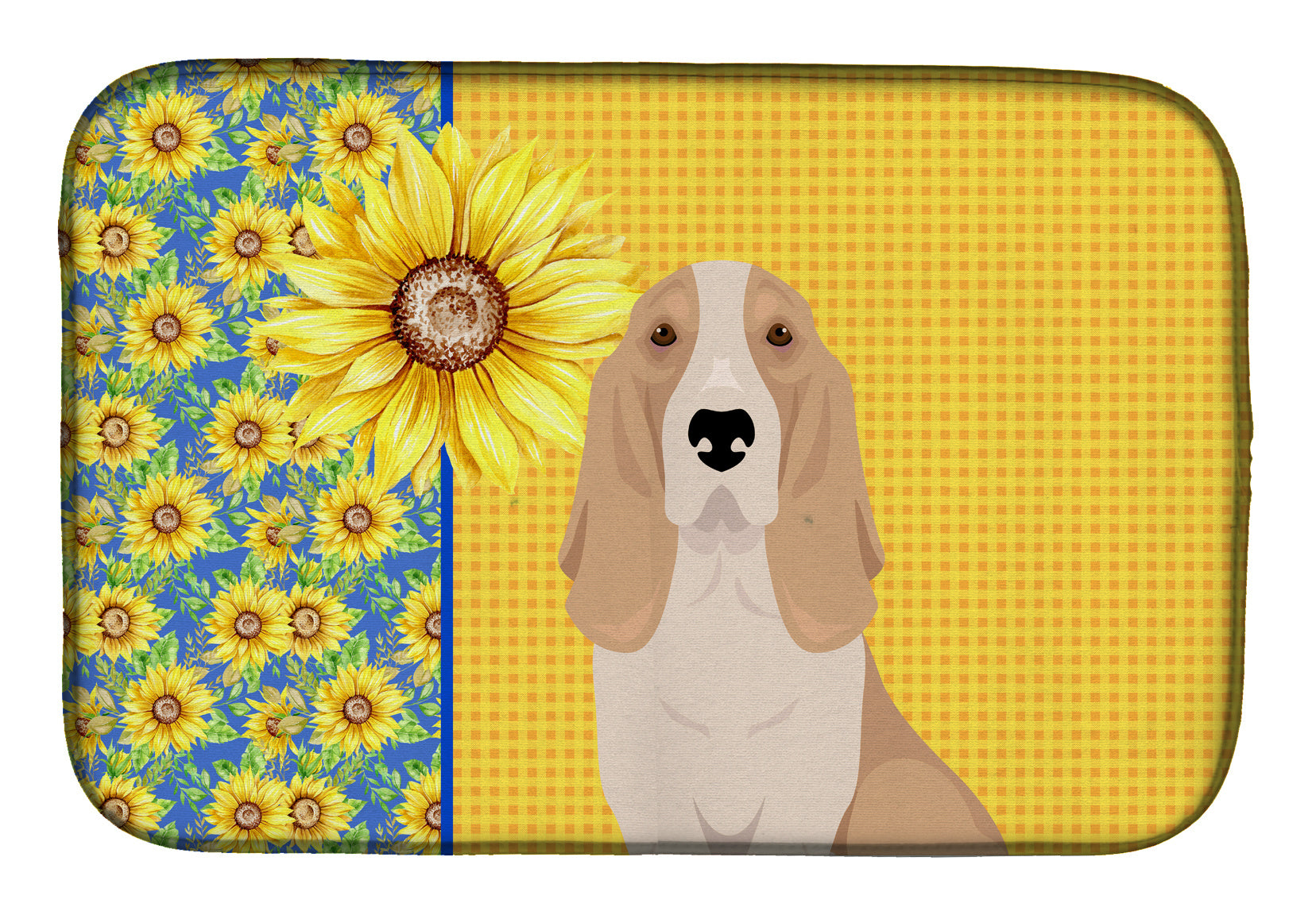 Summer Sunflowers Lemon and White Tricolor Basset Hound Dish Drying Mat Absorbent Dish Drying Mat Pad for Kitchen Counter Dish Drainer Mat for Countertop, 14 x 21", Multicolor