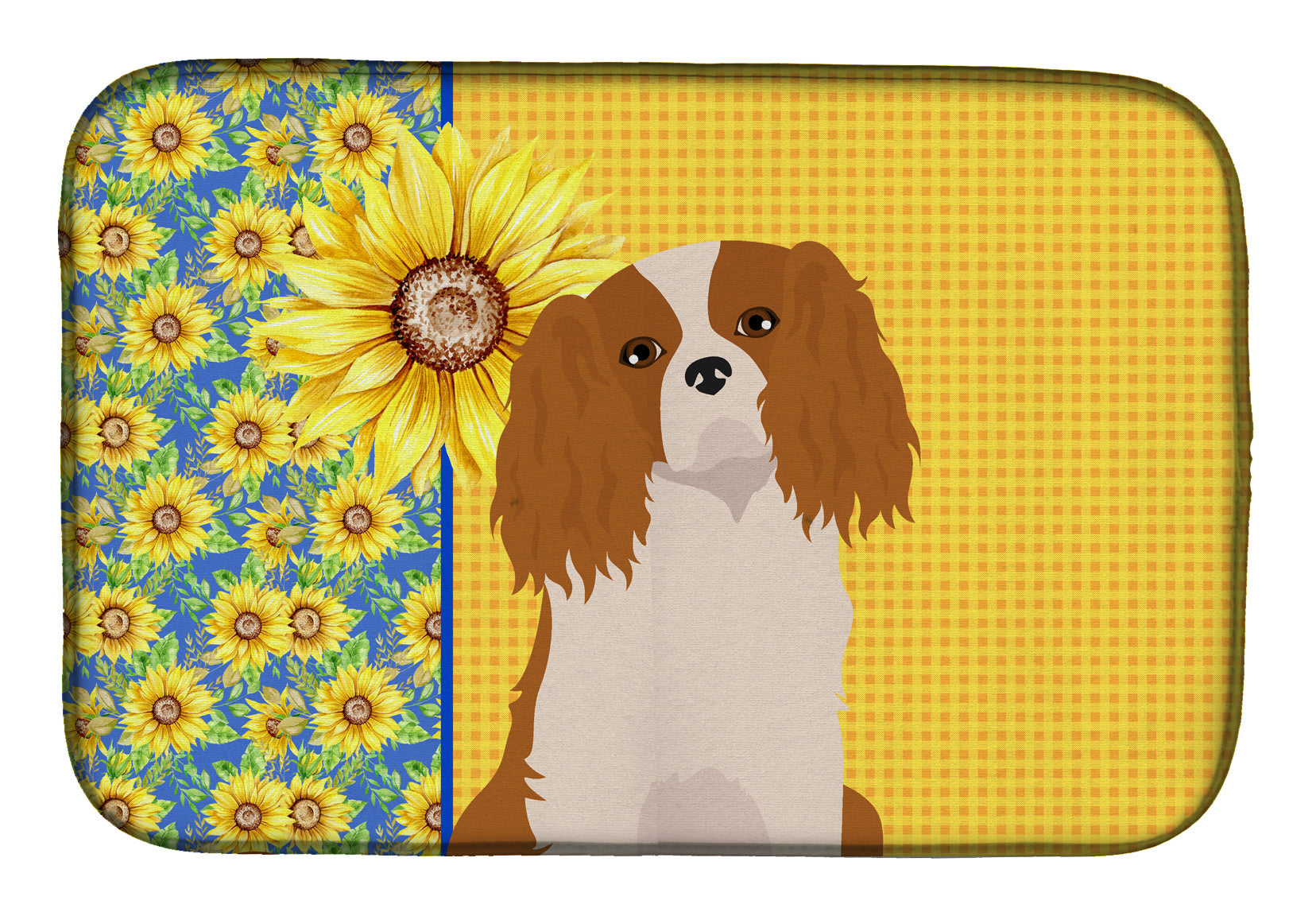 Summer Sunflowers Blenheim Cavalier Spaniel Dish Drying Mat Absorbent Dish Drying Mat Pad for Kitchen Counter Dish Drainer Mat for Countertop, 14 x 21", Multicolor