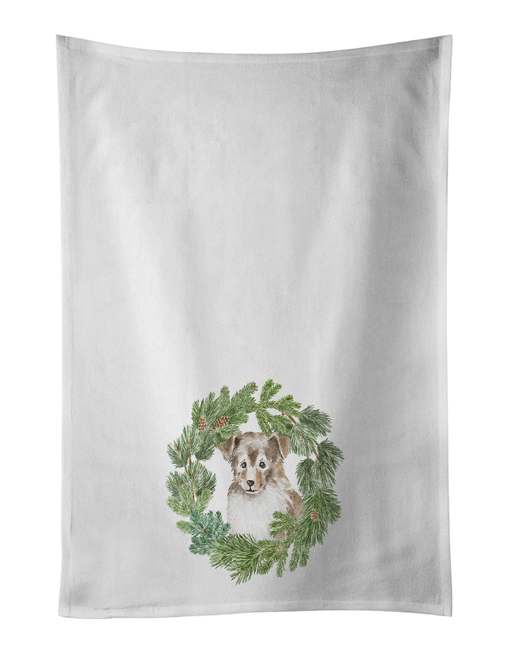 NEW Sheltie/Shetland Sheepdog Puppy Sable Smile Christmas Wreath Kitchen Towel Set of 2 White Dish Towels Decorative Bathroom Hand towel for Hand, Face, Hair, Yoga, Tea, Dishcloth, 19 X 28", White