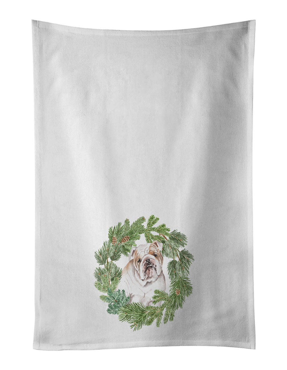 NEW Bulldog Fawn Head Tilt Christmas Wreath Kitchen Towel Set of 2 White Dish Towels Decorative Bathroom Hand towel for Hand, Face, Hair, Yoga, Tea, Dishcloth, 19 X 28", White