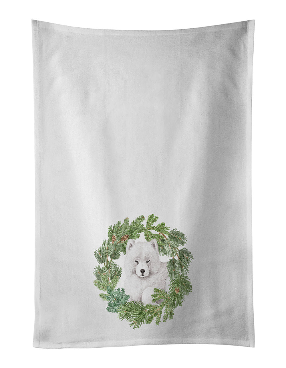 NEW Samoyed Puppy Christmas Wreath Kitchen Towel Set of 2 White Dish Towels Decorative Bathroom Hand towel for Hand, Face, Hair, Yoga, Tea, Dishcloth, 19 X 28", White