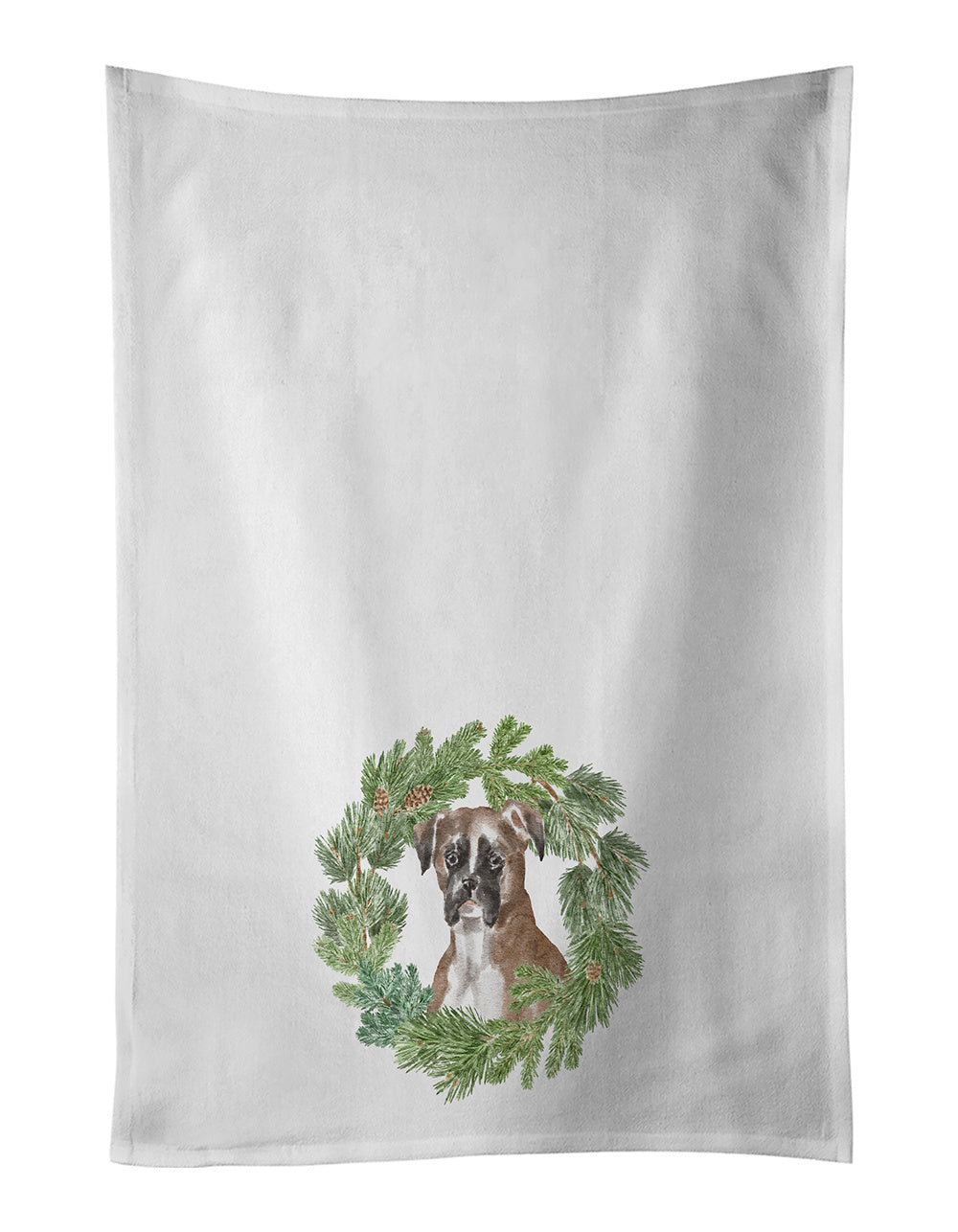 NEW Boxer Fawn Christmas Wreath Kitchen Towel Set of 2 White Dish Towels Decorative Bathroom Hand towel for Hand, Face, Hair, Yoga, Tea, Dishcloth, 19 X 28", White