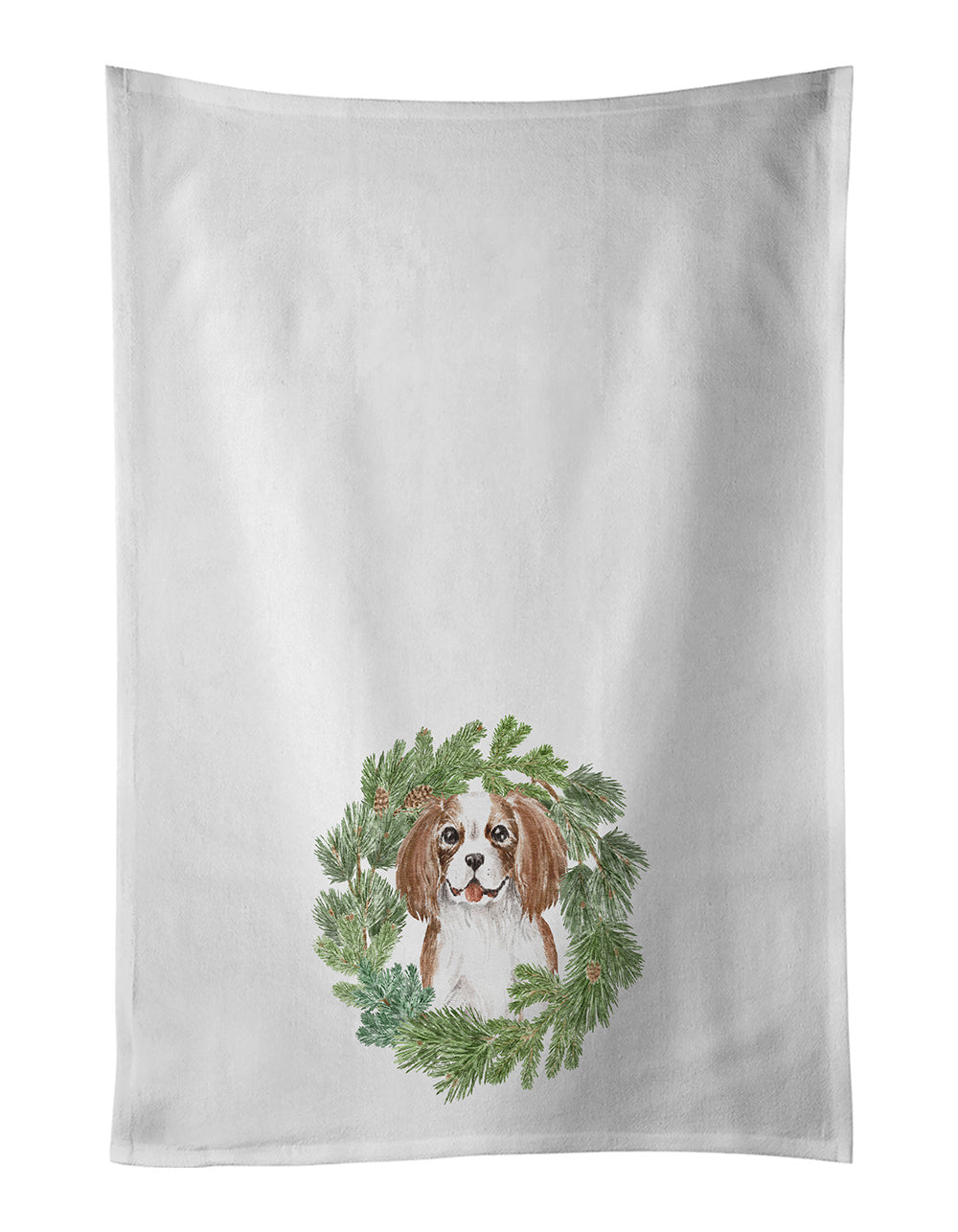 Cavalier Spaniel Blenheim Puppy Smiling Christmas Wreath Kitchen Towel Set of 2 White Dish Towels Decorative Bathroom Hand towel for Hand, Face, Hair, Yoga, Tea, Dishcloth, 19 X 28", White