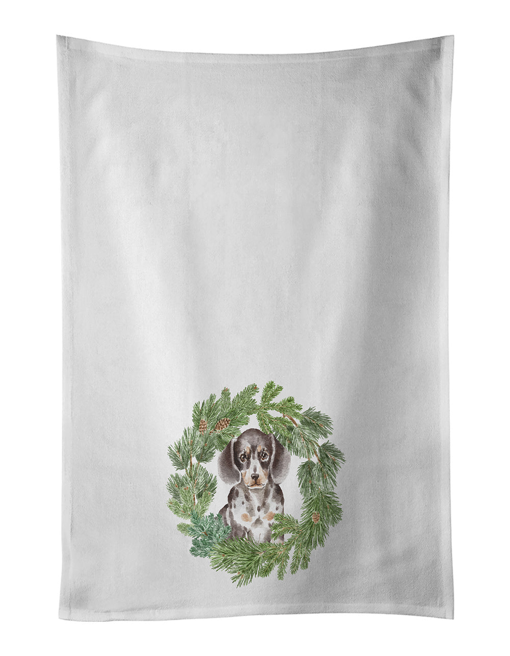 NEW Dachshund Puppy Dappled Christmas Wreath Kitchen Towel Set of 2 White Dish Towels Decorative Bathroom Hand towel for Hand, Face, Hair, Yoga, Tea, Dishcloth, 19 X 28", White