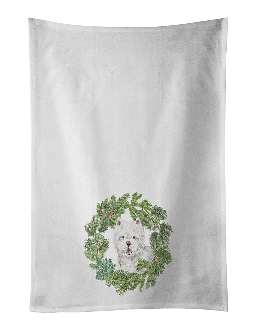 NEW West Highland White Terrier Smiling Christmas Wreath Kitchen Towel Set of 2 White Dish Towels Decorative Bathroom Hand towel for Hand, Face, Hair, Yoga, Tea, Dishcloth, 19 X 28", White