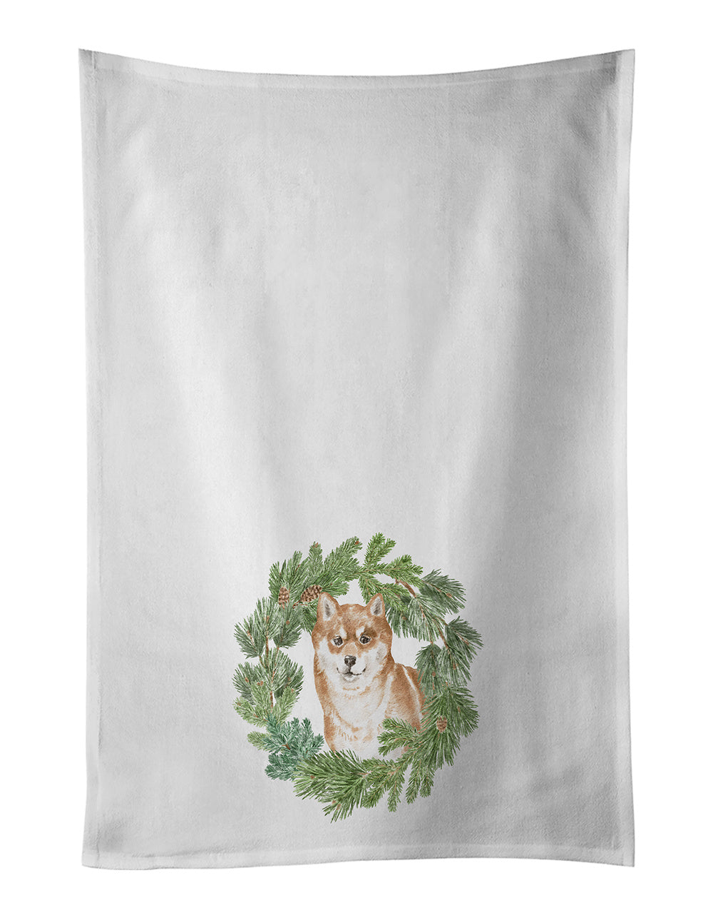 Shiba Inu Sitting Pretty Christmas Wreath Kitchen Towel Set of 2 White Dish Towels Decorative Bathroom Hand towel for Hand, Face, Hair, Yoga, Tea, Dishcloth, 19 X 28", White