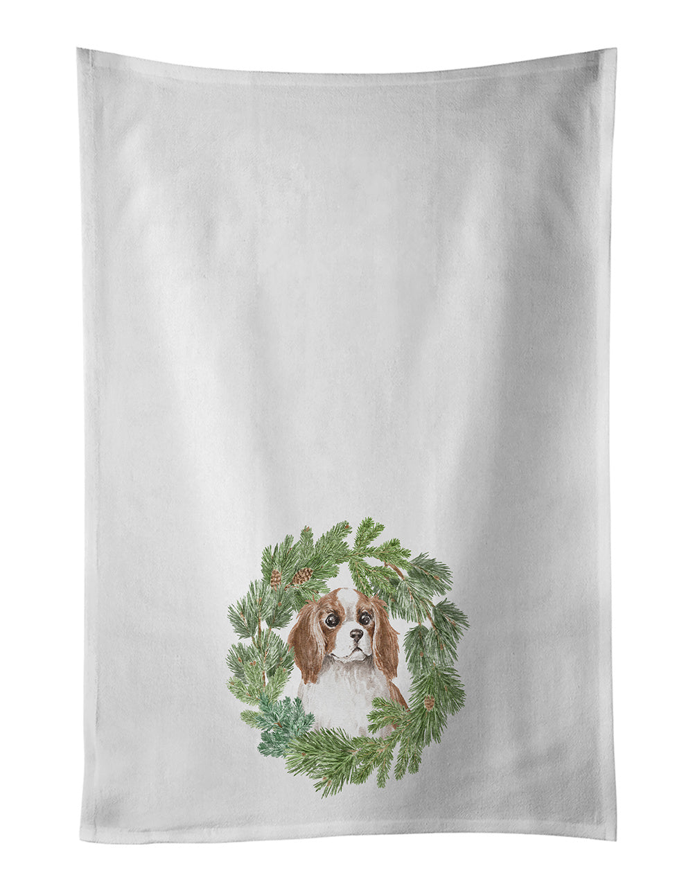 NEW Cavalier Spaniel Blenheim Puppy Wide Eyed Christmas Wreath Kitchen Towel Set of 2 White Dish Towels Decorative Bathroom Hand towel for Hand, Face, Hair, Yoga, Tea, Dishcloth, 19 X 28", White