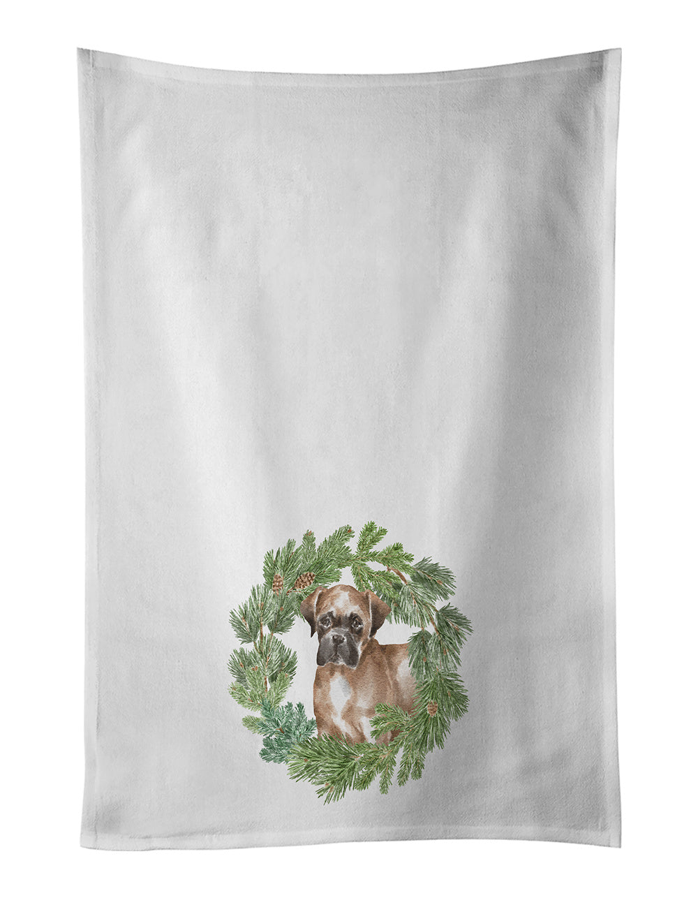 NEW Boxer Puppy Fawn Christmas Wreath Kitchen Towel Set of 2 White Dish Towels Decorative Bathroom Hand towel for Hand, Face, Hair, Yoga, Tea, Dishcloth, 19 X 28", White