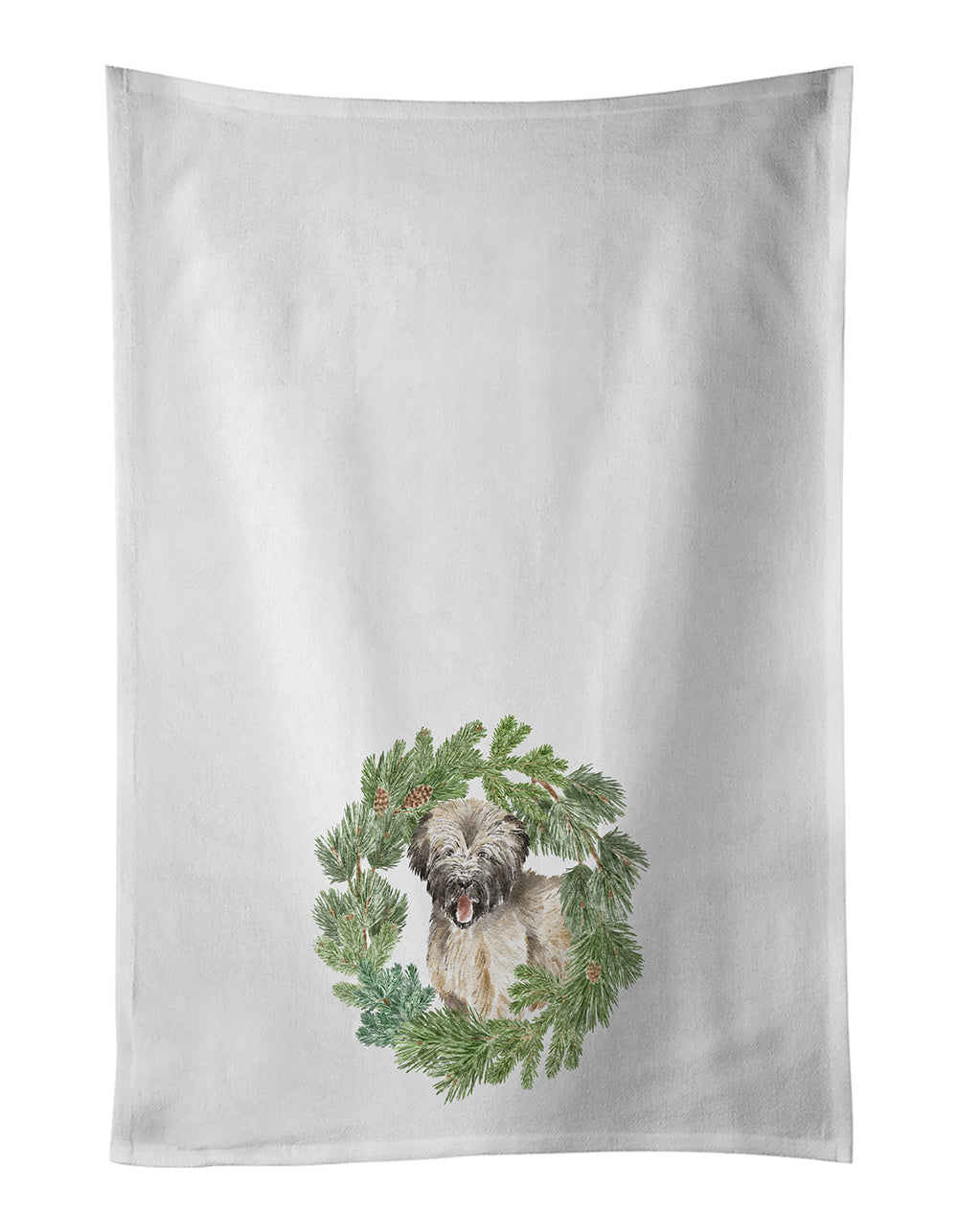 NEW Briard Puppy Smiling Christmas Wreath Kitchen Towel Set of 2 White Dish Towels Decorative Bathroom Hand towel for Hand, Face, Hair, Yoga, Tea, Dishcloth, 19 X 28", White