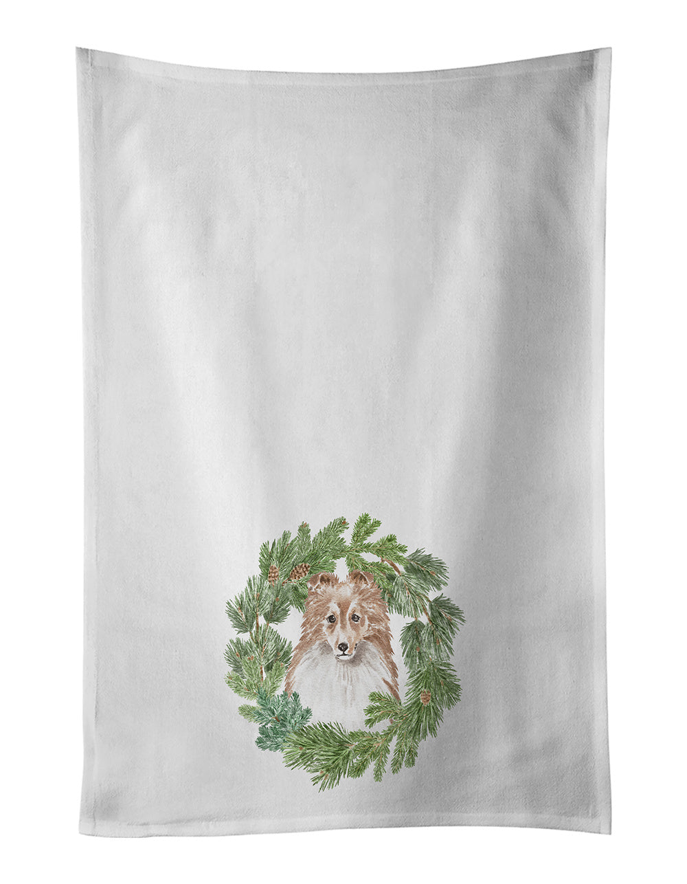 NEW Sheltie/Shetland Sheepdog Adult Sable Christmas Wreath Kitchen Towel Set of 2 White Dish Towels Decorative Bathroom Hand towel for Hand, Face, Hair, Yoga, Tea, Dishcloth, 19 X 28", White