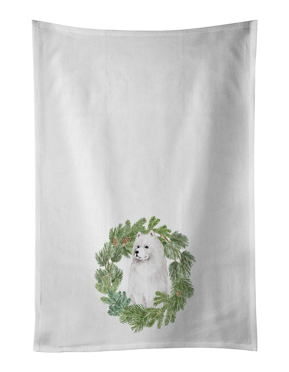 NEW Samoyed Sitting Christmas Wreath Kitchen Towel Set of 2 White Dish Towels Decorative Bathroom Hand towel for Hand, Face, Hair, Yoga, Tea, Dishcloth, 19 X 28", White