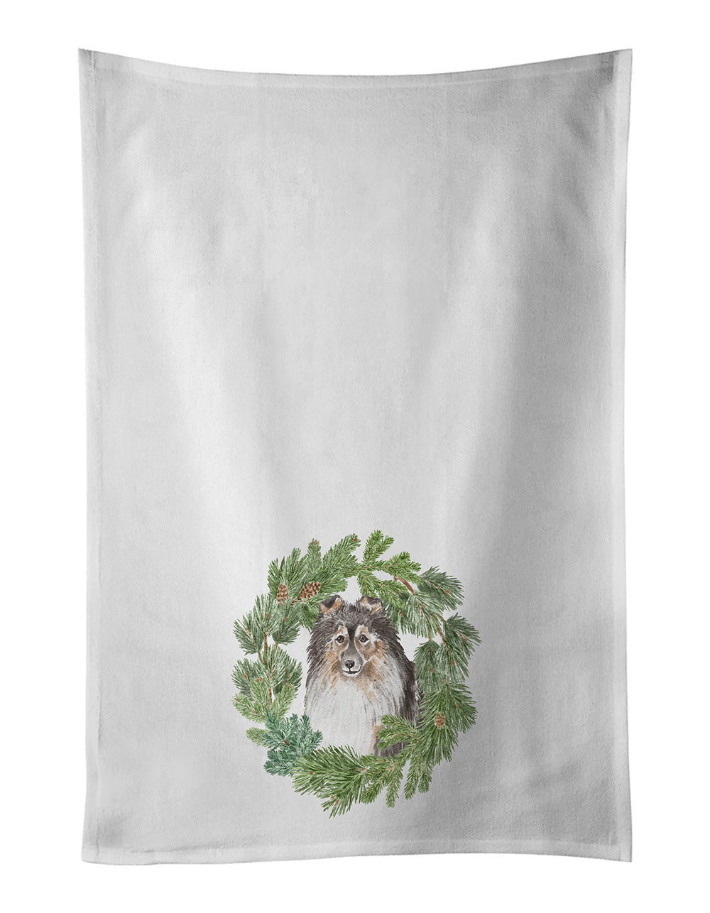 NEW Sheltie/Shetland SheepdogTricolor Smiling #2 Christmas Wreath Kitchen Towel Set of 2 White Dish Towels Decorative Bathroom Hand towel for Hand, Face, Hair, Yoga, Tea, Dishcloth, 19 X 28", White