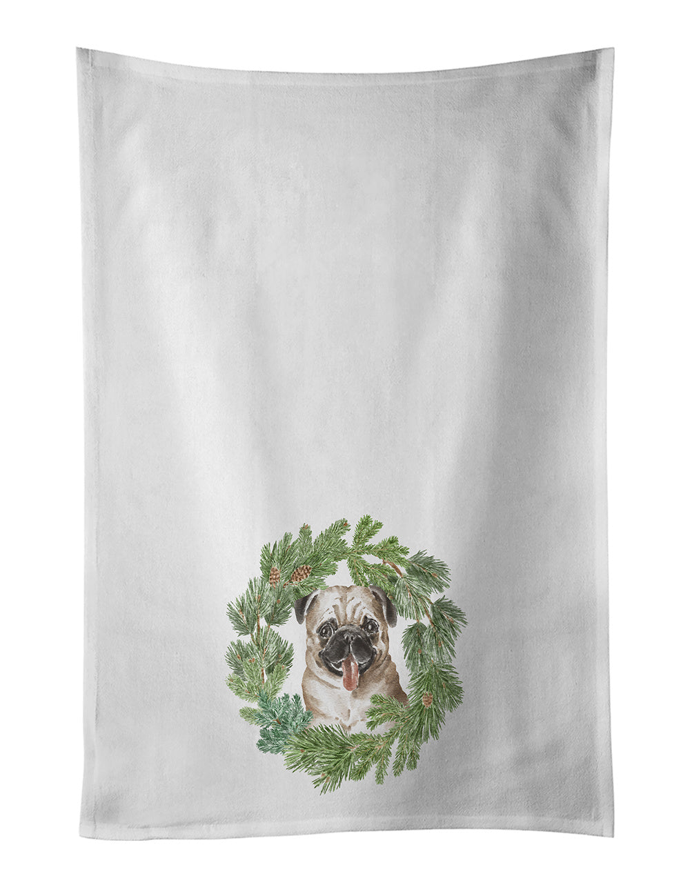 NEW Pug Fawn Christmas Wreath Kitchen Towel Set of 2 White Dish Towels Decorative Bathroom Hand towel for Hand, Face, Hair, Yoga, Tea, Dishcloth, 19 X 28", White